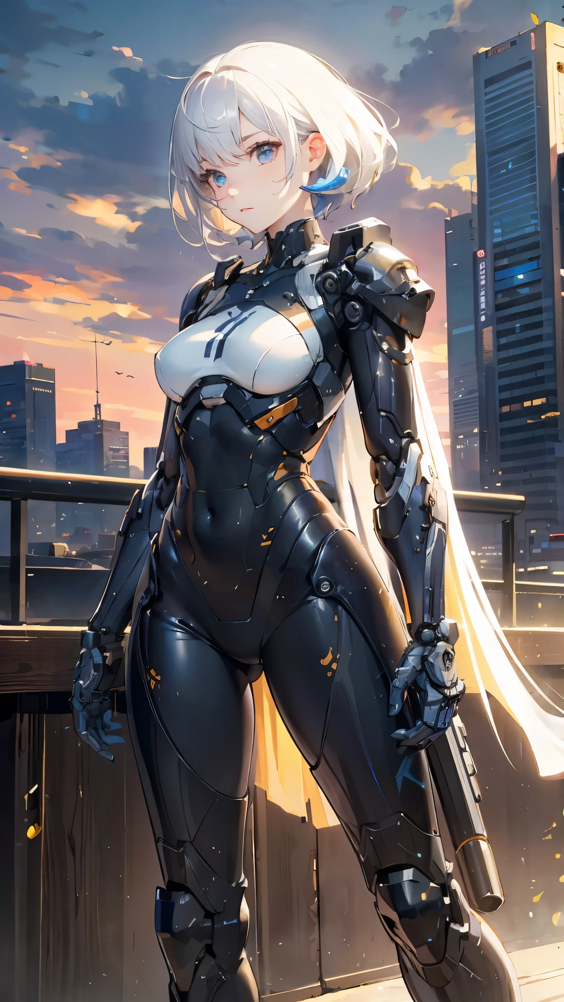 (((Best quality, 8k, Masterpiece: 1.3)), ((best quality)), ((masterpiece)), (detailed), perfect face, perfect body, (detailed skin:1.3), (intricate details), Sci-fi, android, mechanical arms, metallic body, streamlined body, silver hair, glittering even to the tips, Ruined city and buildings, sunset, Cyberspace, a highly functional mechanical body