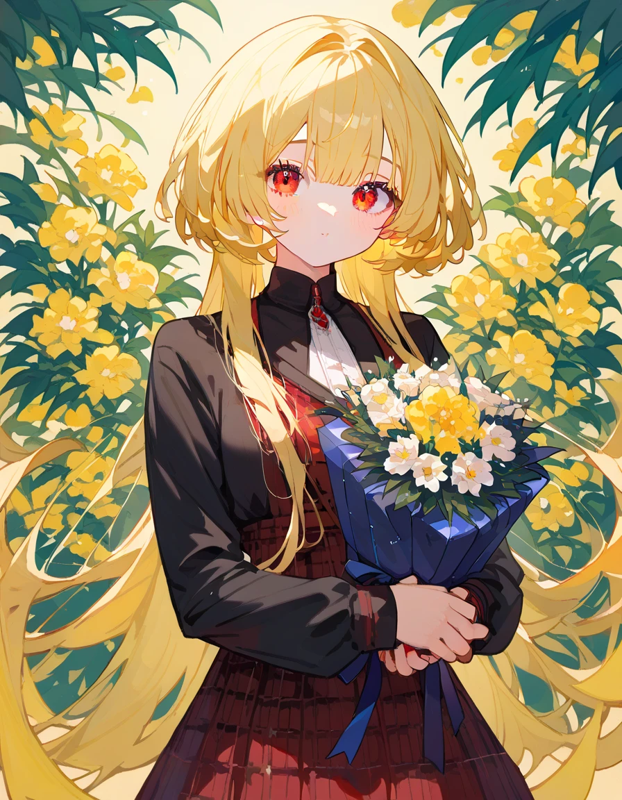 girl,Yellow hair, in red eyes , Black Eyelet ,ผมtwinstails hair,Gui Gangster , Long Sleeve Shirt,Gothic,Plaid skirt,cool,With black sleeves ,Holding a bouquet of flowers,,cute