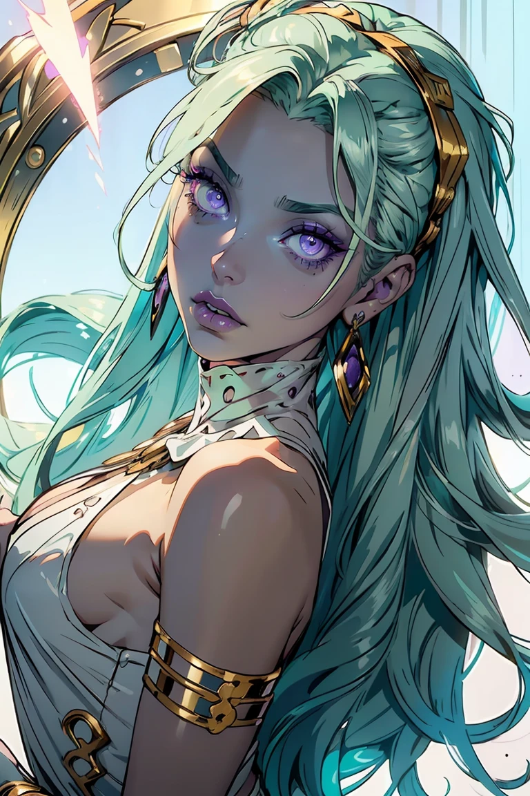 Goddess ((goddess-like woman)), slim, elegant silhouette, masterpiece, best quality, pale skin, fair skin, sweet face, (masterpiece: 1.2, best quality), (real picture, intricate details), (1 lady, solo, medium , small waist, ), ((Jinx/LOL)), beautiful face, kissable lips, very long mint green hair, hair slicked back, (very long mint green hair), mint green hair,(Purple eyes, Eye color: purple), purple glowing eyes, glowing eyes, crazy eyes, she has an impressive presence., bracelet, hoop earring, beautiful face, perfect makeup, Beautiful Eyes, big eyes, she looks at the viewer, Beautiful Eyes, big eyes she looks at the viewer, she Wears a Gold Feather Gown, g0ldf34th3rs, gold feather dress, sleeveless, cocktail dress, bare shoulders, sleeveless,Cleavage, she is wearing earrings, necklace, many different bracelets,, white headband, background: large festival hall, luxury, bright white room, gala