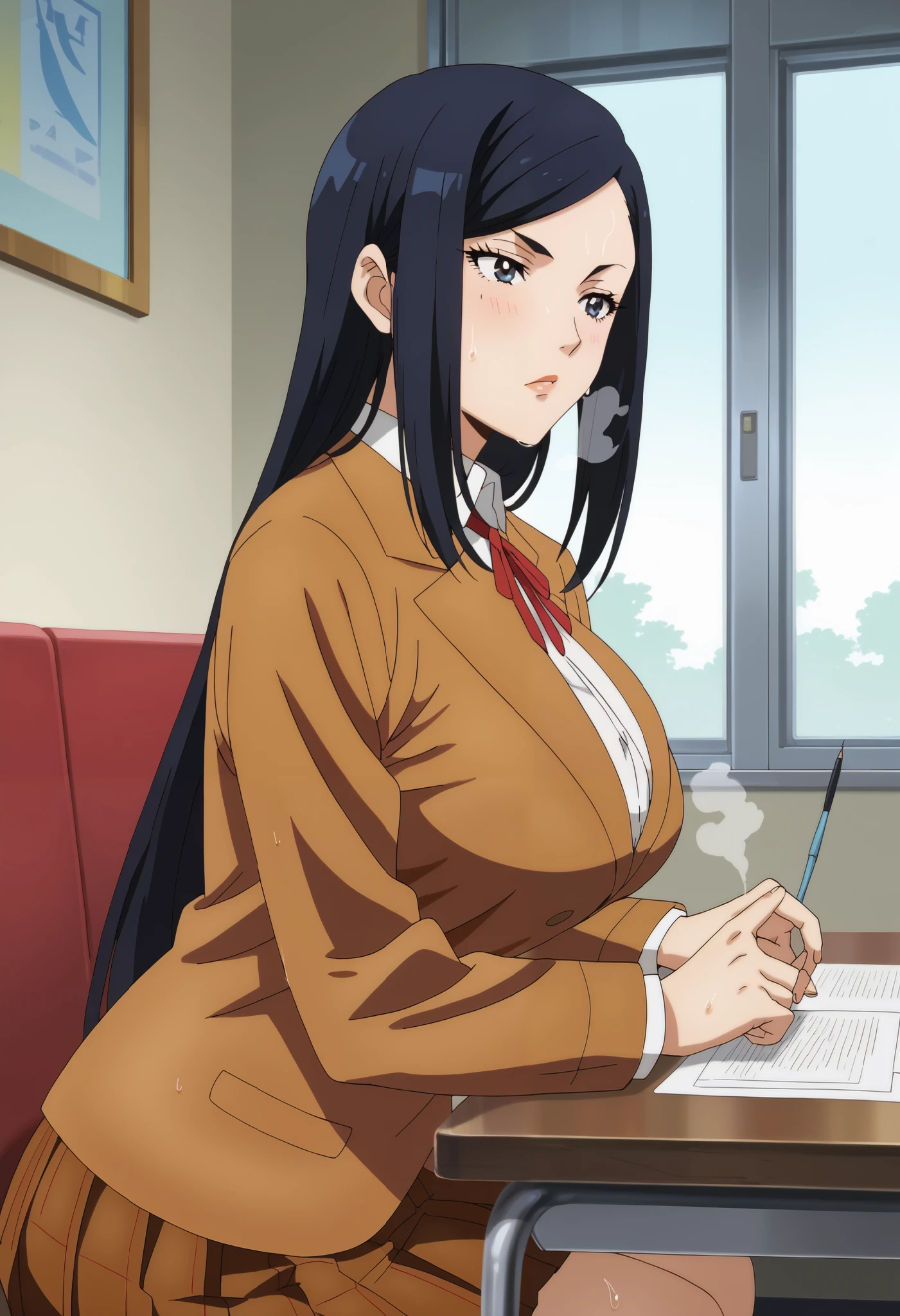 score_9, score_8_up, score_7_up, score_6_up, score_5_up, score_4_up, masterpiece, best quality, very aesthetic, absurdres, source_anime, anime screencap, 1990s \(style\), BREAK (1girl), mari kurihara, black eyes, long hair, black hair, (school uniform), ultra huge breasts, ultra huge cleavage, ultra huge tits, ultra huge boob, (Ultra realistic interior of chairman room, ultra detailed interior of chairperson’s room), (nsfw:1.3, sweat bodies:1.3, steam:1.3), sitting on leather couch, red carpet, put elbows on table, cross fingers, rectangle low table beside couch, bending upper body deeply, (serious face, serious thinking), (directly side angle, directly side view),