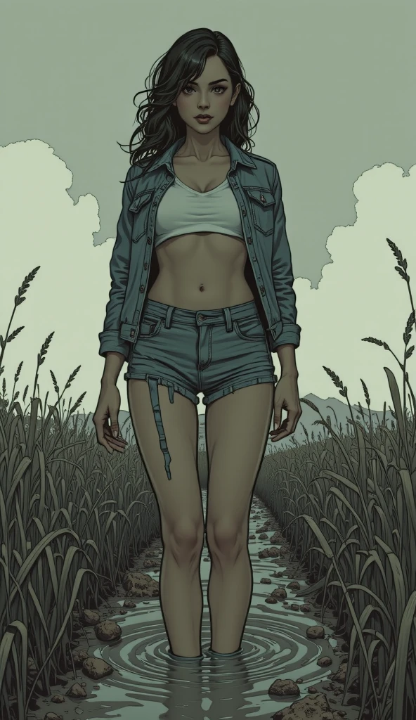 comics illustration, artistic stuck, jeans cut-offs,  bold stockings with garters,denim jacket, girl seductive sinking in sludge bog field,  void background, muted vintage,