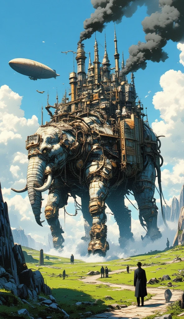 A steampunk-inspired, self-moving castle designed to have the silhouette of an elephant without looking exactly like one. The structure is an unsymmetrical and complex fusion of mechanical parts, gears, and steam-powered engines, with large metallic legs resembling an elephant's, a trunk-like front, and steam pipes forming tusk-like shapes. The body of the castle is a blend of industrial elements and steampunk designs, featuring smokestacks emitting black smoke and small houses built onto its sides. The castle is galloping. Above the moving castle is a giant steampunk airship. In the foreground, a few gentlemen in Victorian steampunk outfit look on. The backdrop is a lush, grassy plain with rocky terrain and a blue sky filled with clouds, evoking a mystical, cinematic atmosphere reminiscent of Studio Ghibli's art style. The image is slightly blurry caused by the amount of smoke the castle emits.