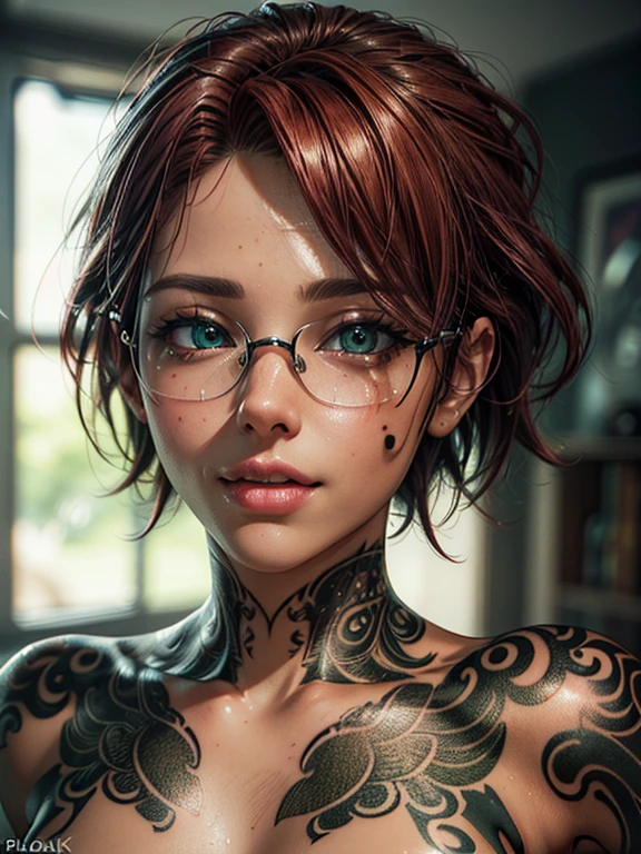 Short stoner hipster girl with glasses, Match Face And Tattoos from image above:2), brown hair:1.4, brown eyes, droopy b-cup tits:1.3, naked stretch-marked saggy tits:1.3, huge nipples:1.2, stretch marks:1.5, cannabis smoke, small skull and heart lineart tattoo on left collarbone:1.3, getting fucked rough:1.3, looking up at you, large penis:1.3, orgasm face:1.3, moaning:1.3, vaginal sex:1.5, mating press:1.3, vaginal penetration:1.3, flopping tits:1.5, action shot of flopping saggy tits:1.5 COMPLETELY NUDE:1.5