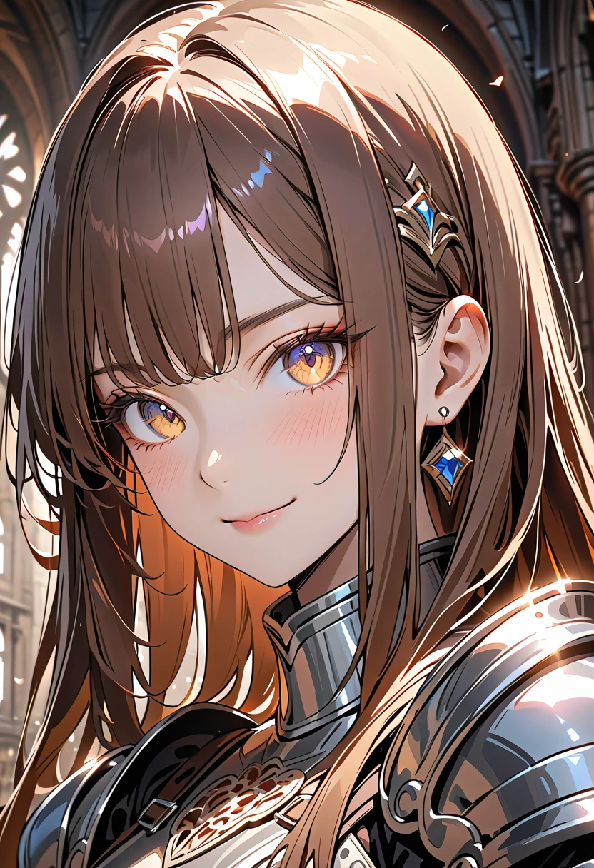 1girl, (Portrait of a beautiful girl, dark fantasy), (brave female Knight, wearing metal armor), detailed beautiful face, (finely detailed beautiful eyes), (blush, smile), (straight hair, brown hair, bangs), BREAK, 
elegant, gorgeous, stunning, delicate features, (at a medieval european castle), BREAK, 
((upper body)), (close up of face:1.3, detailed depiction of the face:1.3, from front, looking at viewer:1.3, face focus), deep depth of field, broad lighting, cinematic composition, stunning, fascinating, enchanting, 
absurdres, highres, masterpiece, best quality, newest, very aesthetic, ultra quality, high detailed, anatomically correct, perfect hands, (anime art style), 