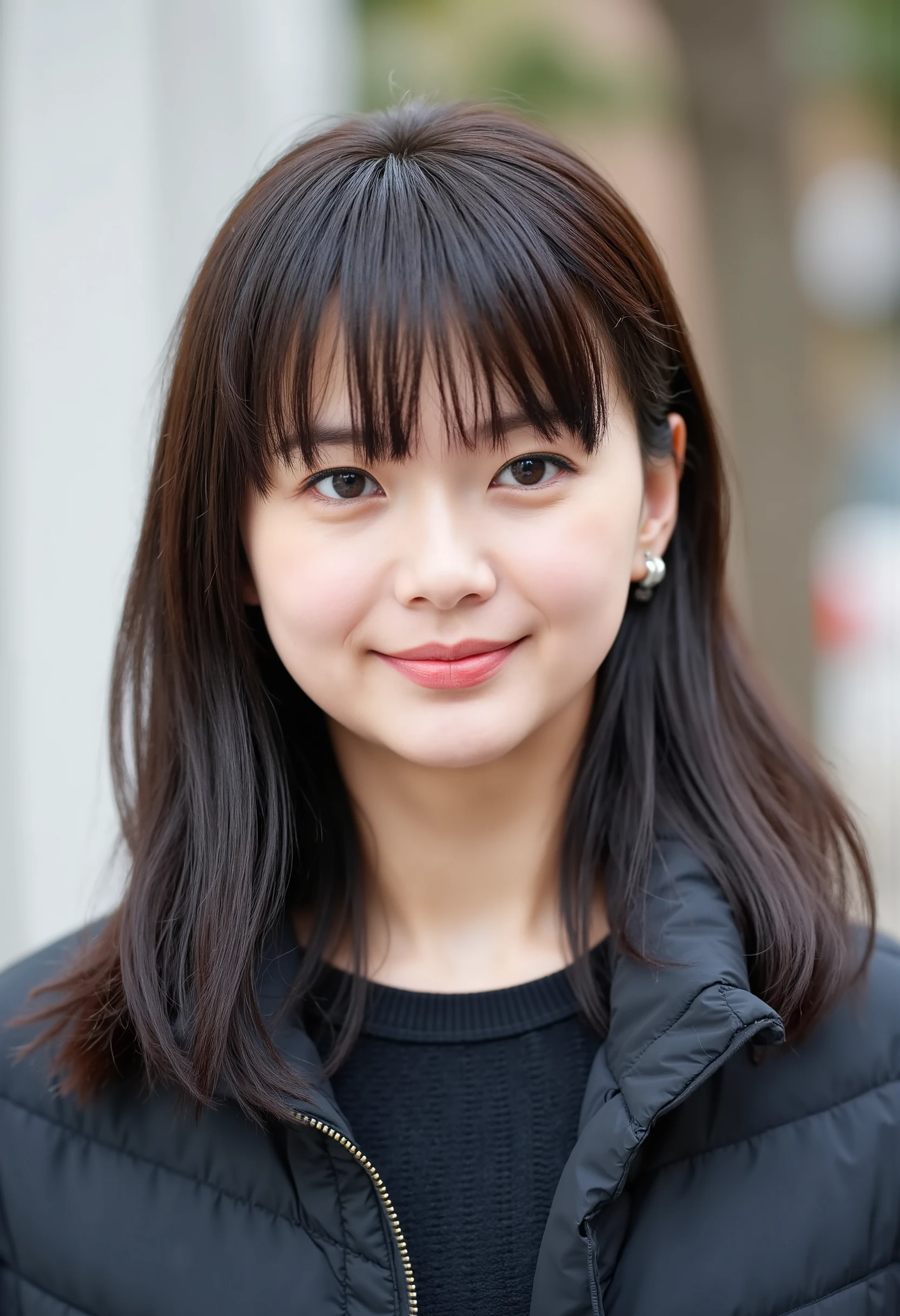  young Japanese woman、 black hair、 ear piercing、smile、 beautiful alignment of teeth、 black down jacket