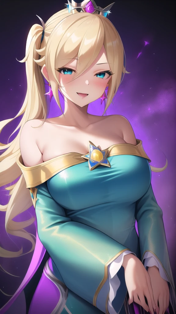   erotic 、Rosalina、 blonde twin tail voluminous、Big Breasts, Alone,turquoise blue sequin long dress, Purple Wicked Background 、  top quality,  detailed face ,  detailed eyes on board,  high definition ,、 Evil Evil Female Executive、Pitiful、 cute、smile、Teratake、 dye your cheeks red、 sexy pose 、Fallen into evil、Fall into Darkness、Dark Side、lure、Estrus、Open your mouth slightly、adult