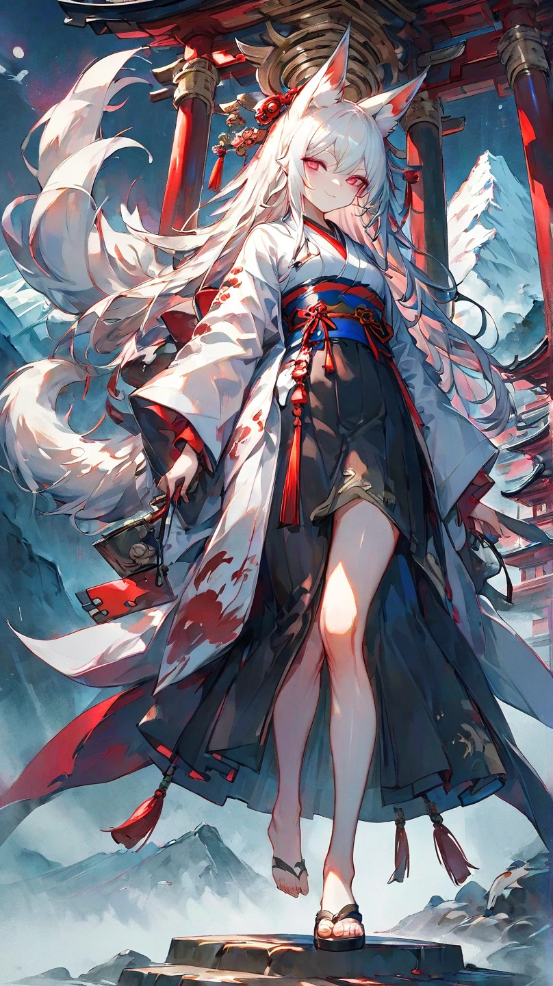 Masterpiece, highest resolution, highest quality, detailed depiction, beautiful, art, watercolor style, Japanese yokai, ((full body shot)),((nine-tailed fox)),front shot 、 Show me all the way to the toes、 anthropomorphized fox, fair skin, slender eyes with distinct red eyeliner, Beautiful silver hair, long hair, fox ears emerging from the head, beautiful white and red kimono,  I can only see my toes from my kimono、I'm wearing black clogs 、cool beauty, midnight,   looking at a shrine 、smile、full body shot,Mountain Background、 4K graphics.