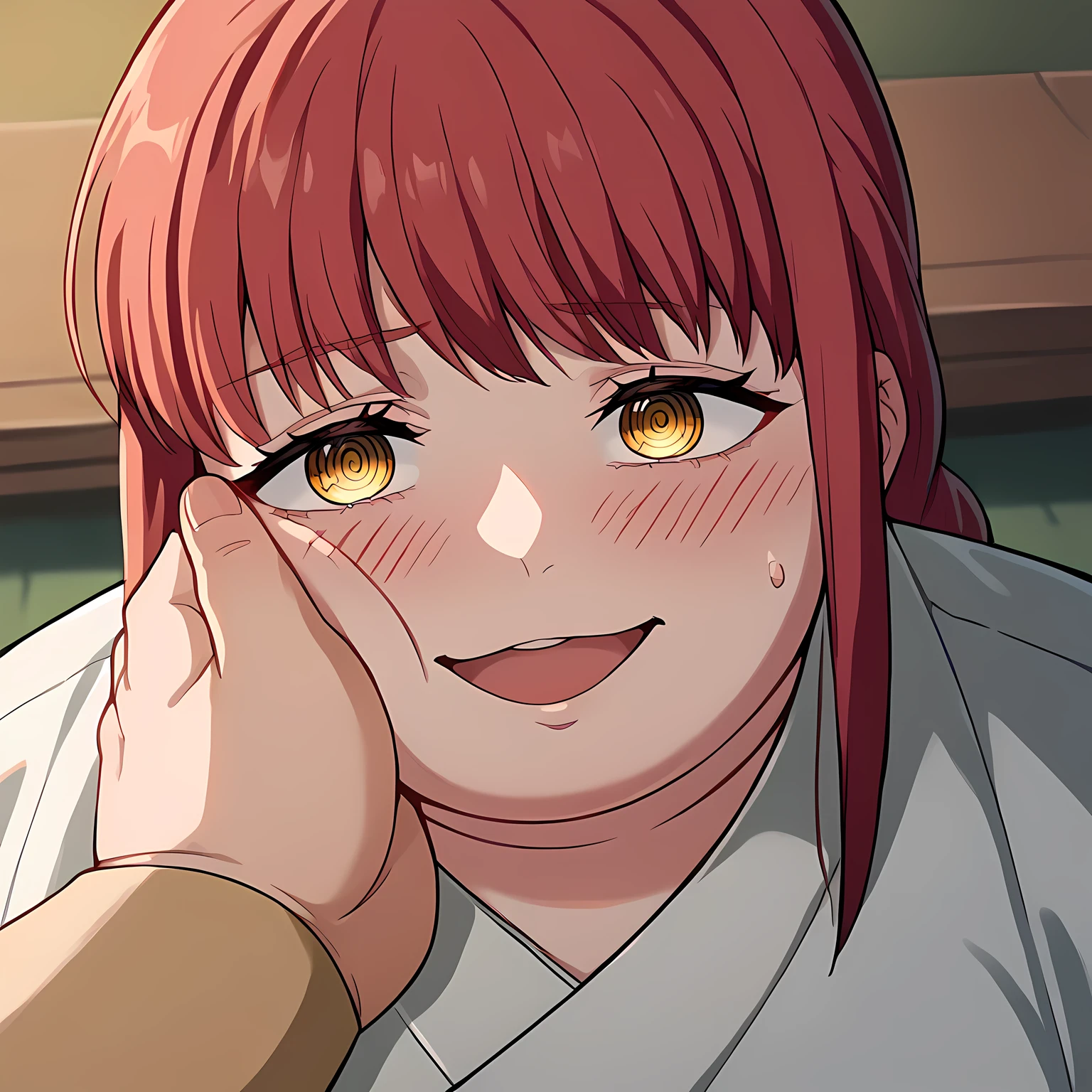 score_9, score_8_up, score_7_up, source_anime, makima, makima, long hair, smile, bangs, yellow eyes, braid, red hair, braided ponytail, ringed eyes,, hanbok, korean clothes,, indoors, smile, blush,, cowboy shot, dutch angle, looking at viewer, swollen face, fat, chubby, obese, open mouth, out of breath, absurdres, highres icon, rating:General, confused, blush, {flustered}, nervous sweating, portrait, pov hands, hand on another's cheek, averting eyes, [looking away], straight-on, from above,  upper body, masterpiece, best quality, ultra-detailed, high resolution, 8K, 