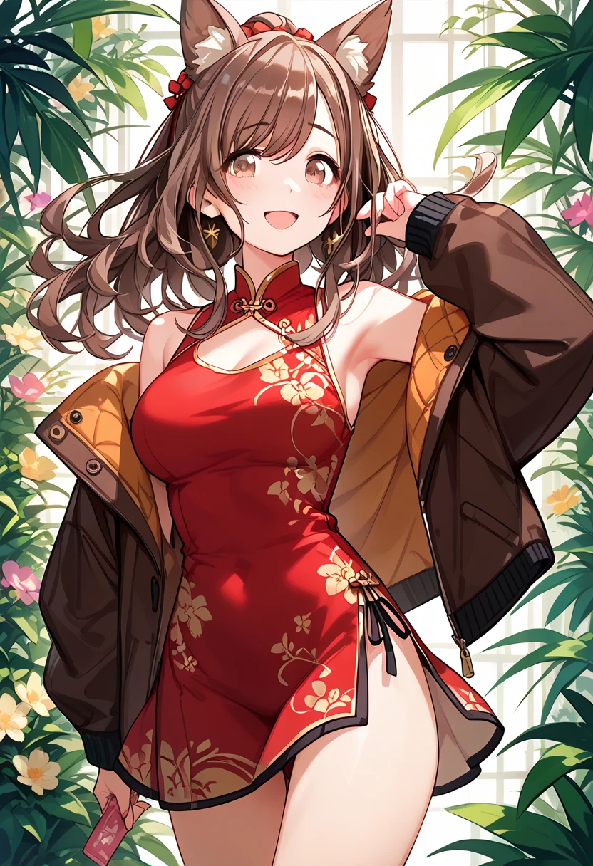 standing, (((leotard,Chinese dress ,baggy Down jacket ,in the privateroom,shy,enjoy))) ,Extremely loving sexual acts based on pure love ,happy,very satisfied,ecstasy ,Tsukioka Kogane, (((brown_hair)))