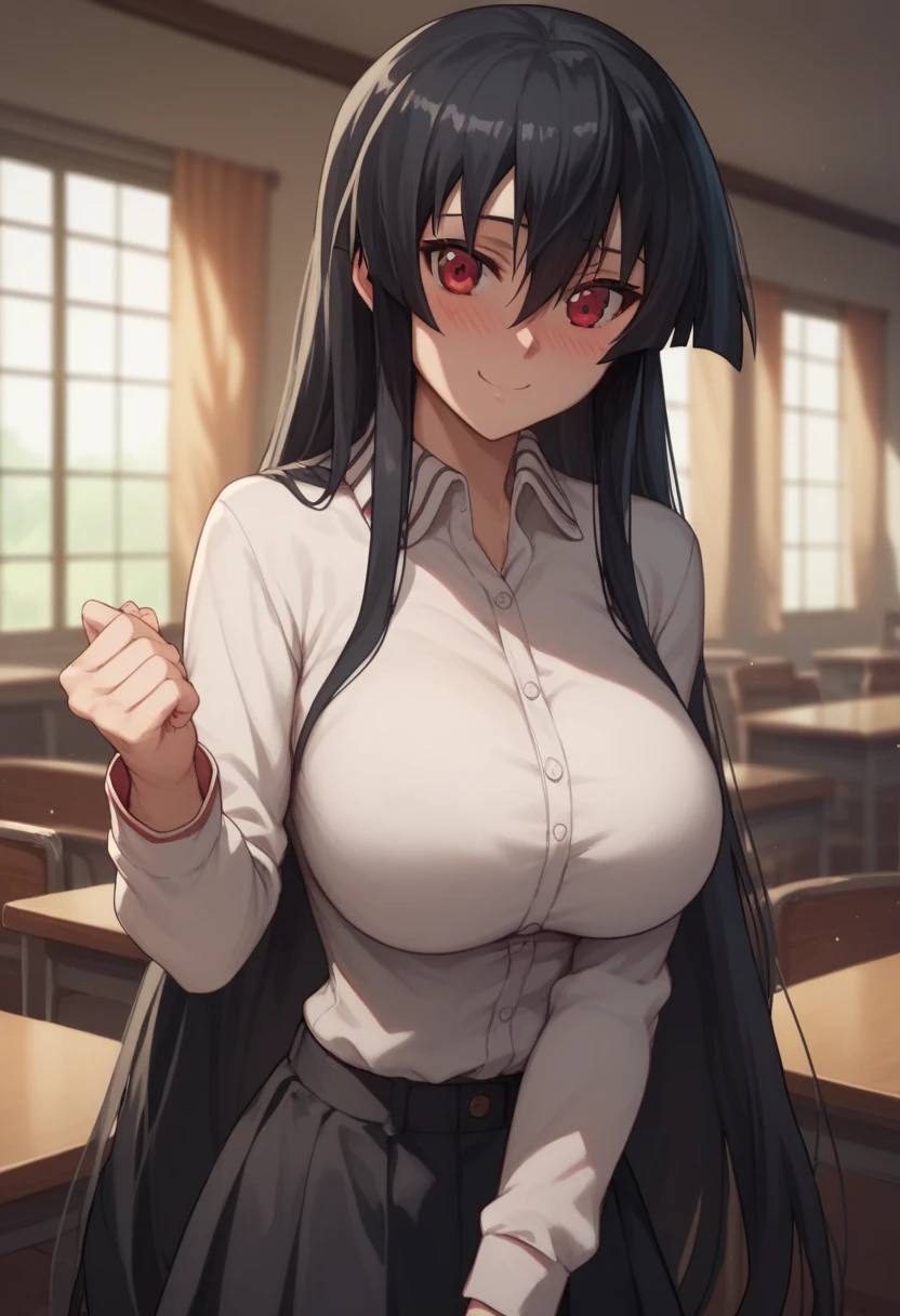 1girl, solo,akame, long hair, black hair, red eyes, hair between eyes,casual clothes, (skirt),big breasts,smile, long sleeves,closed clothes, embarrassed,blush,looking at viewer, indoors, simple backround