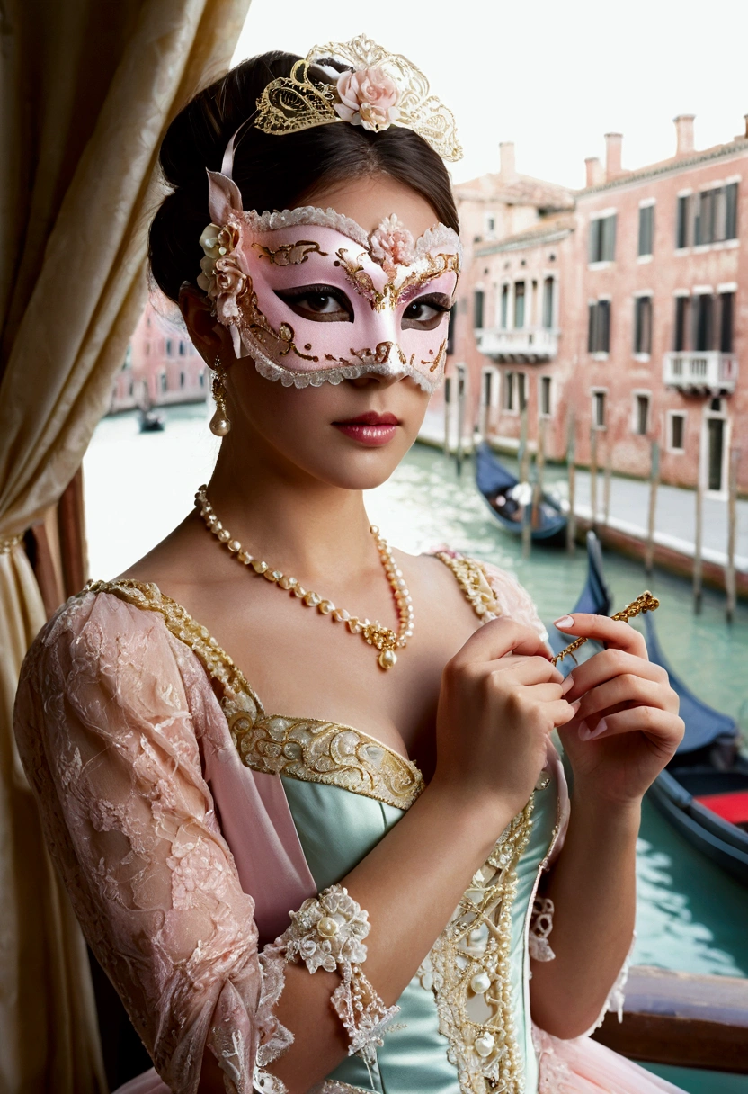 Colombina: A graceful model in a pastel-colored dress with intricate lace and ribbon details. The neckline is low, drawing attention to her feminine form. She wears a delicate gold masquerade mask that covers only her eyes, adorned with small pearls. Her pose is flirtatious, with one hand holding a fan and the other resting lightly on her chest. Bright, diffused lighting enhances her features and the delicate texture of her outfit, with a soft Venetian canal setting in the background.