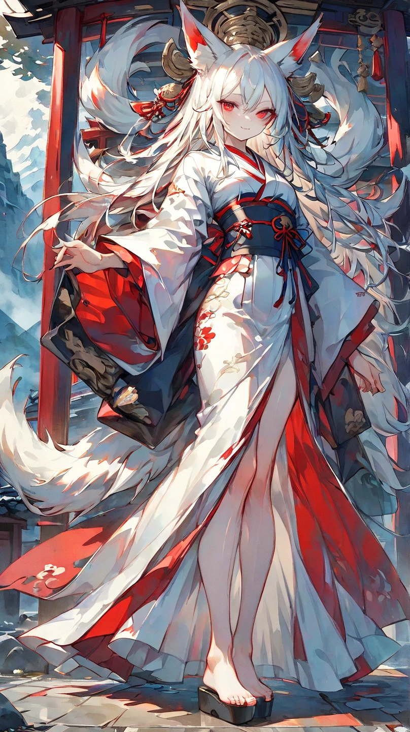 Masterpiece, highest resolution, highest quality, detailed depiction, beautiful, art, watercolor style, Japanese yokai, ((full body shot)),((nine-tailed fox)),front shot 、 Show me all the way to the toes、 anthropomorphized fox, fair skin, slender eyes with distinct red eyeliner, Beautiful silver hair, long hair, fox ears emerging from the head, beautiful white and red kimono,long kimono,  I can only see my toes from my kimono、I'm wearing black clogs 、cool beauty, midnight,   looking at a shrine 、smile、full body shot,Mountain Background、 4K graphics.