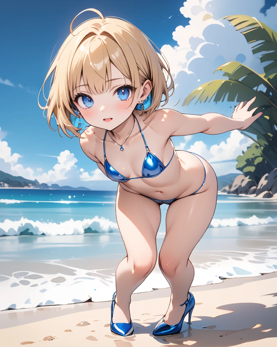 (((masterpiece))), ((Highest quality)), (Very detailed), ((High resolution)), ((8k)), ((Anatomically correct)), A very cute person, Baby Face, (Young face), (Small breasts), (Kagamine Rin), Short Hair, Blonde, Letting down your bangs, (Short), (Petite), Charming smile, Light blue eyes, Best moment, Delicate arms, Detailed skin texture, Intricate details, Very detailedな顔, Beautiful thighs, Beautiful curves, (Sweating), ((Yellow and white striped bikini)), Looking up, In the pool at night, Love your audience, heart, The whole body is visible, Beautiful standing posture, (Love juice), You're inviting your audience, The audience is looking up from below, 