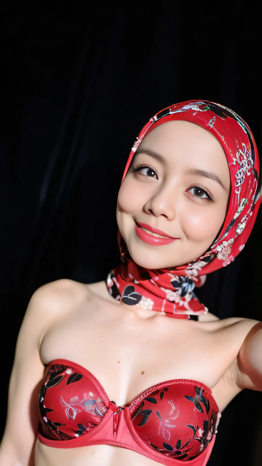 SPECTACLES, ((Saggy breasts:0.8)), ((Gigantic tits:0.8)), (from behind up) seductive pose, ((Thin:1.6)), (Happy smile), (((HIJAB MALAY GIRL))), masutepiece, High quality, UHD 32K, Realistic face, Realistic skin feeling , A Japanese Lady, lady, (((FLAT CHEST))), (Night time at forest), ((look In front at the camera and SADNESS)), (((RED FLUORESCENT & RED FLUORESCENT))), ((RED FLUORESCENT LIPS)), ((Floral Pattern)), ((wearing strapless lingerie bra)), dark night background , black forest night, horror scary place,