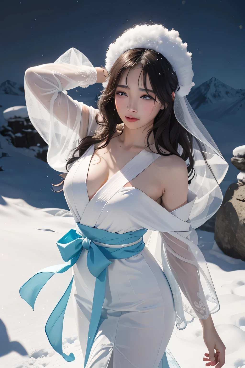 Top quality、8k、​(Masterpiece:1.3)、Extremely delicate and beautiful girl，full-body shot，(huge breasts:1.4)，bigger breasts，amazing breast size，G-cup。Wear big earrings，Very white skin，moist red lips，Waist is very thin，Thighs are very thin，big butt，fair and smooth skin，Smooth and fair skin，flawless skin，Fair and shiny skin，cold white skin，The camera focuses on the chest，Bright light，White tube top dress，bare shoulders，white hair，hair is white，heavy snow，snow mountain，sunset，Rizhao Jinshan，happy，(solo:1.41)，(1girl:1.42)，