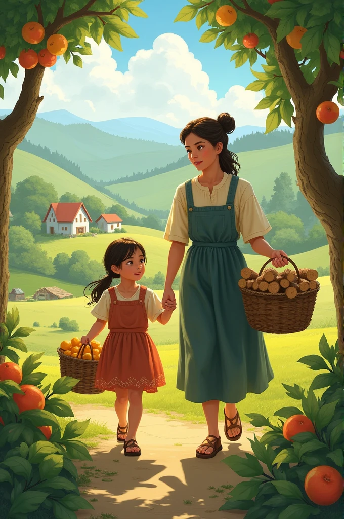 Little girl in long dress with a basket full of beautiful fruits picking beautiful fruits from the tree in her garden and in the background a beautiful landscape of mountains bright colors beautiful design --auto --s2