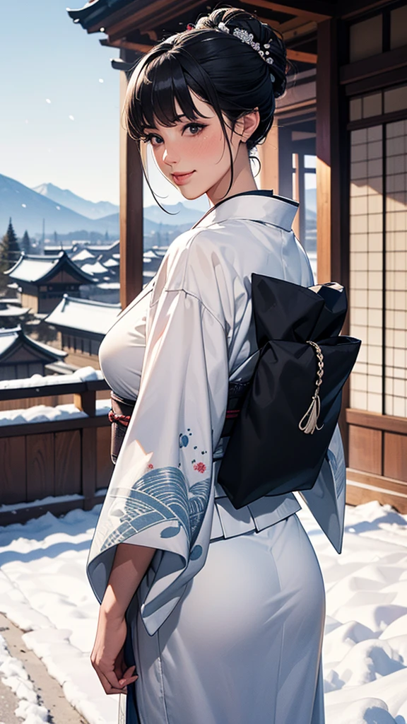 Cowboy shot, looking back over shoulder, Solo, seductive female, (detailed, beautiful black hair, bangs, folded updo),fair skin, detailed depictions of skin, cute smile, blush , black eyes, beautiful eyes, perfect proportion, tall, slim , (wearing in kimono with intricate beautiful designs, beautiful coloring), walking at Old Japanese village, winter season, beautiful snow,outdoor , trees with snow, Japanese castle, (masterpiece:1.3, best quality:1.3), 8k,incredibly absurdres , intricate detailed, extremely detailed, Raw photo, detailed background, depth of field, sharp focus, film grain, tilt camera, perspective, looking at viewer,