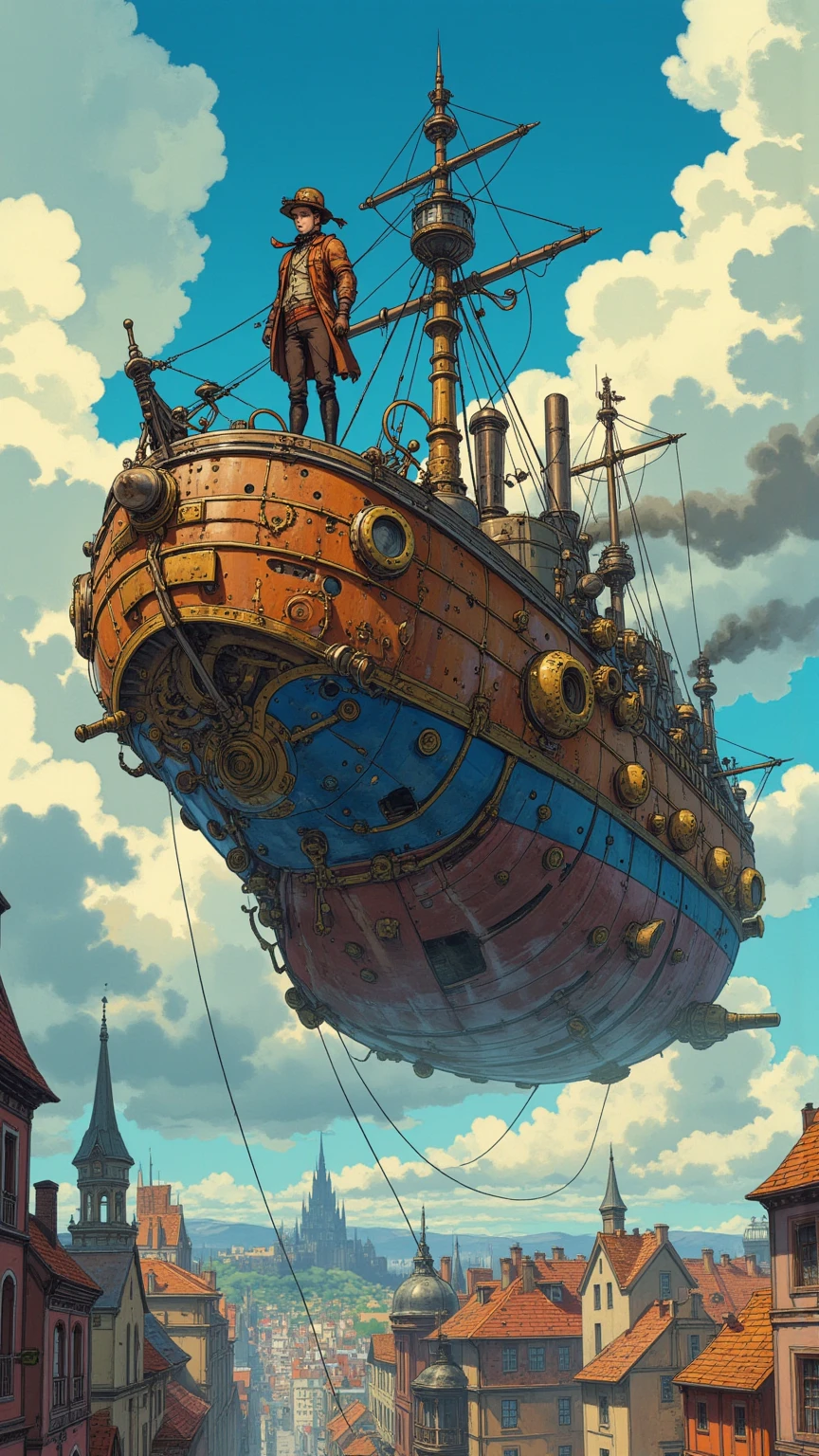 (Masterpiece, High Quality, High Quality, 8k, 16k, Detail: 1.5、Steampank style detail:2.0),A steampunk-themed illustration featuring a flying ship equipped with gears and steam engines, soaring through the sky with intricate mechanical details. A young boy wearing Victorian-era goggles and punk-inspired fashion is standing on the ship's deck, looking adventurous and spirited. The boy's outfit includes a leather vest, brass accessories, and a scarf fluttering in the wind. The background features a vibrant sky with clouds and hints of a fantastical cityscape below. The scene exudes a mix of retro-futuristic charm and adventurous spirit.