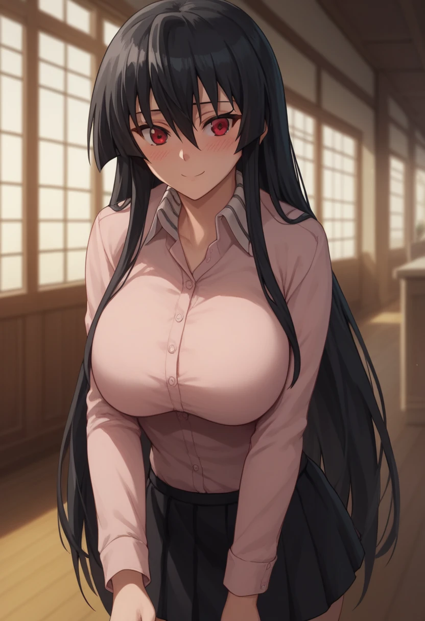 1girl, solo,akame, long hair, black hair, red eyes, hair between eyes,casual clothes, (skirt),big breasts,smile, long sleeves,closed clothes, embarrassed,blush,looking at viewer, perfect hands, perfect anatomy,indoors, simple backround