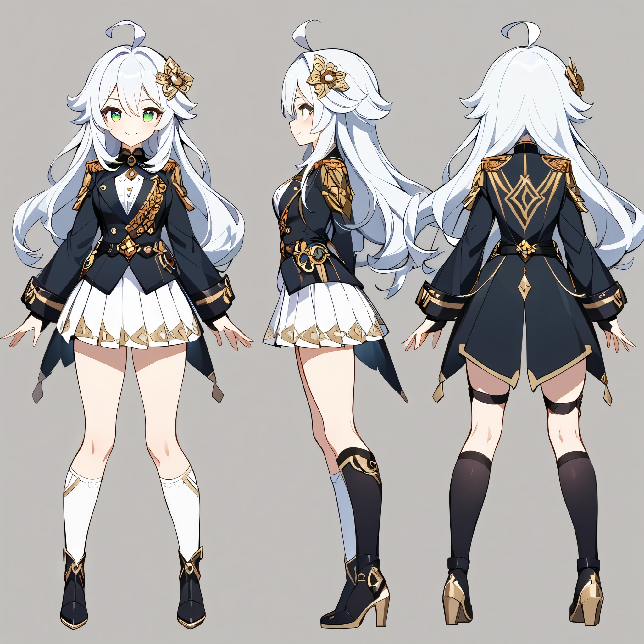 only 1girl, empty background, detailed eyes, well-defined eyes, ahoge, cute, 1girl, long white hair, hair white flower ornament, green eyes, round eyes, long hair, military uniform, black jacket, gold accents, white pleated skirt, thigh-high socks, black boots, smiling expression, detailed design, high quality, fantasy style outfit, elegant aesthetic, masterpiece, best quality. standing pose, full body view, extremely detailed, genshin art style, best quality, amazing quality, very aesthetic, highres, incredibly absurdres, symmetrical face, detailed eyes, well-defined eyes