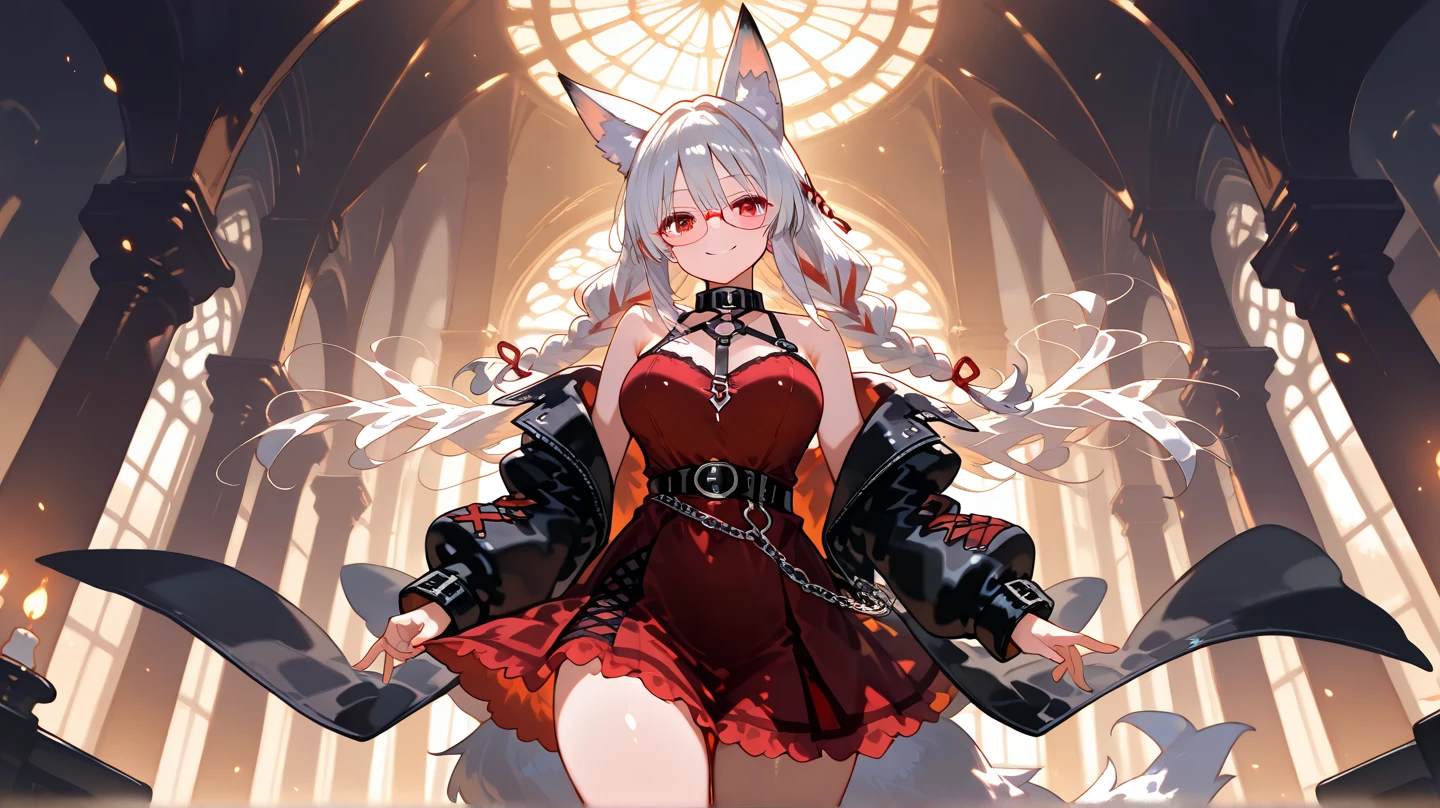 masterpiece, best quality, high detailed background, kiana , 1 Girl, Alone, fox ears , she wears elegant glasses ,  red eyes , silver hair , Animal ear hair, Striped Hair, fox Girl, バング bangs,  braid twin , Punk StyleMaid Dress, Punk Style, inspired armoris dressed in a flowing red dress that contrasts beautifully,  Jacket without Sleeves ,  shiny 黒いレザーパンツ,  Very Short , Belt Embellished ,  red ress , Her sparkling red eyes reflect her playful charm , side lock,  shiny , Focus on emphasizing the shiny quality of her hair,making it appear vibrant and captivating ,Second Life Avatar,in-game,NSFW, little smile, absurdres:1.3