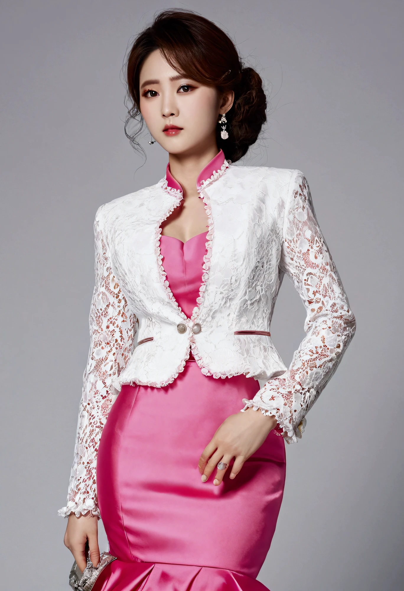 A Korean man is wearing a ladies' skirt suit, a beautiful skirt suit, he is a crossdresser, he has big breasts on his chest like a woman's, his face is very masculine, his hair is masculine short, pink and white, frills and lace. Decoration, lady's dress, two-piece, cropped jacket, small jacket, round neck jacket, China collar jacket, mermaid dress