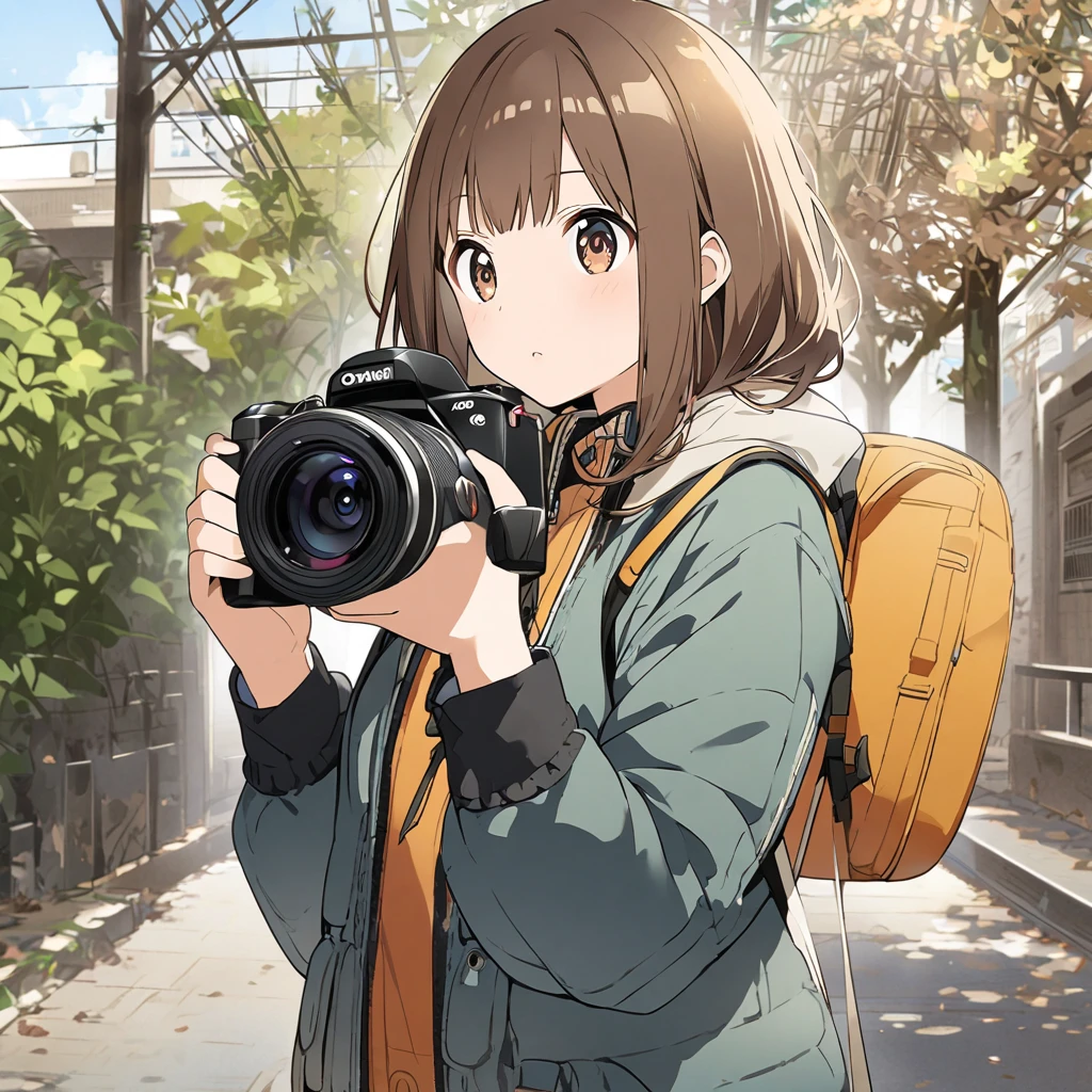 (((whole body)))、anime、 1 woman、 、 holding a camera in hand、 jacket、 accessories、 long brown hair、 brown eyes、