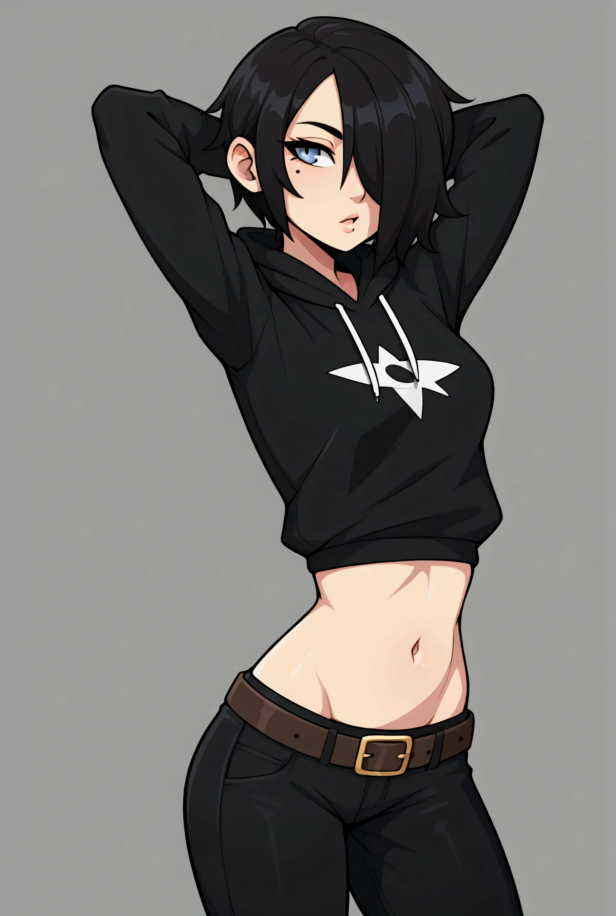 Solo, Girl with short black hair, hair over one eye, black cropped hoodie, midriff, navel, black pants, belt, mole, arms behind head