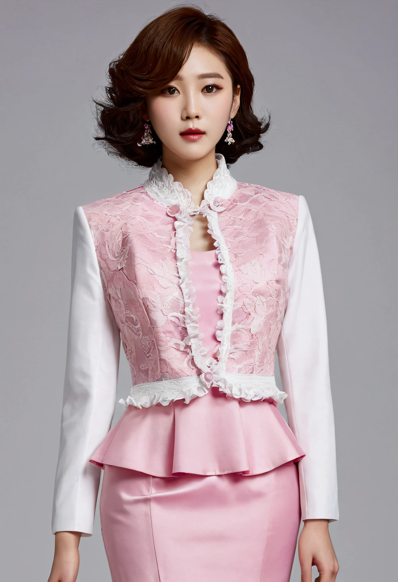 A Korean man is wearing a ladies' skirt suit, a beautiful skirt suit, he is a crossdresser, he has big breasts on his chest like a woman's, his face is very masculine, his hair is masculine short, pink and white, frills and lace. Decoration, lady's dress, two-piece, cropped jacket, small jacket, round neck jacket, China collar jacket, mermaid dress