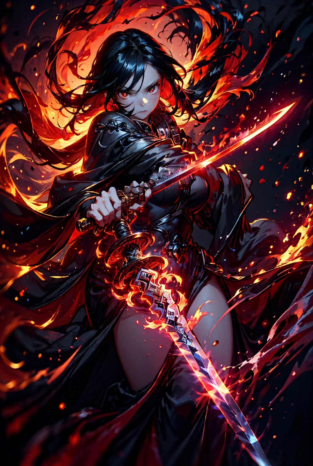 1lady,solo,cool,knight,holding a sword,fantastic, look suspicious,(((black and red aura))),monochrome,monograph,black hair,(((beautiful red eyes))),
((flame sword)),shadow,black background,fire,flame,blaze,