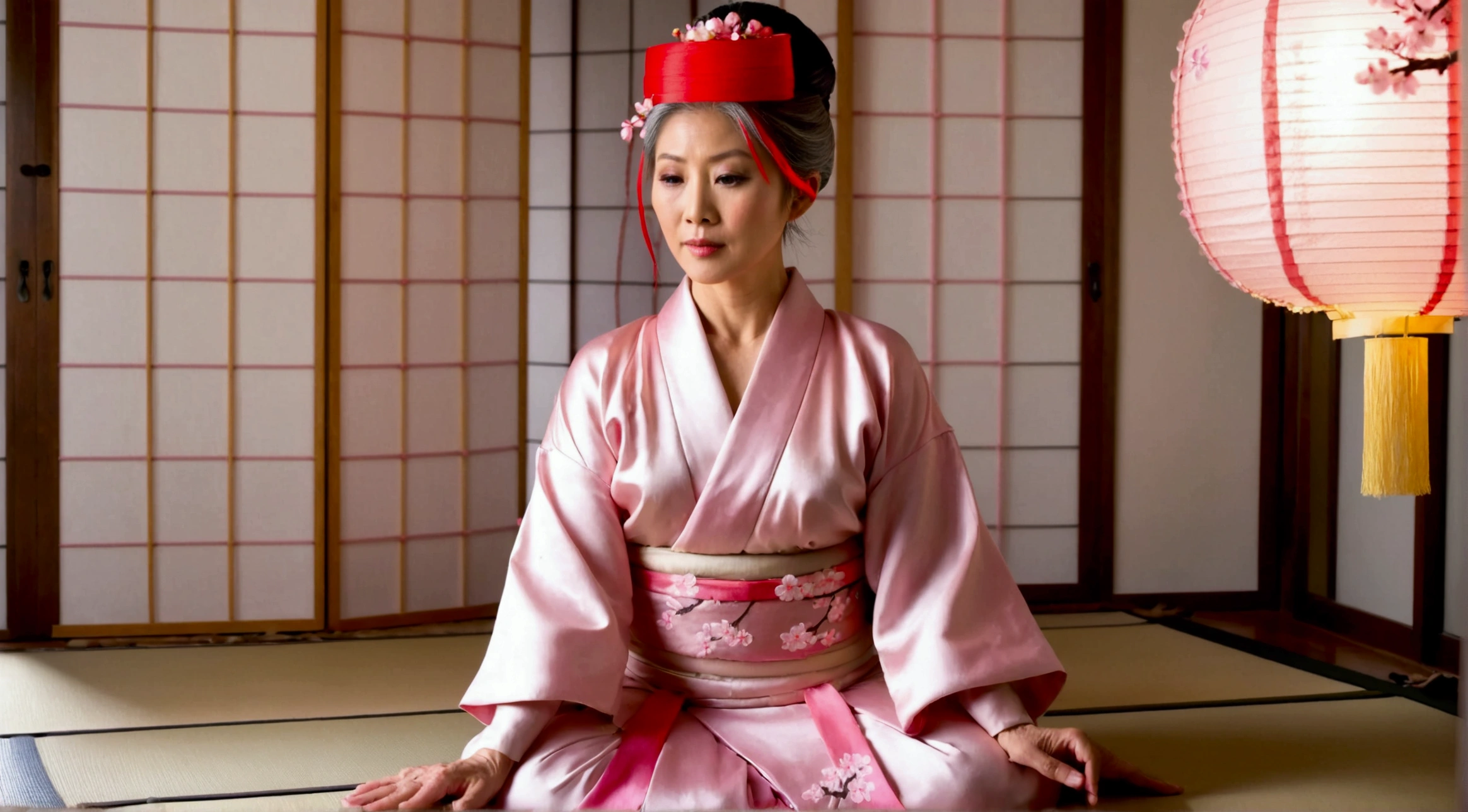 A thick Japanese model with a deep natural cleavage in her 60s with sleek grey hair styled into an elegant chignon wears a pastel pink satin chemise exposing her big boobs adorned with cherry blossom embroidery. She kneels on a tatami mat in a softly lit room with traditional sliding doors behind her. The gentle glow of a paper lantern illuminates her serene yet alluring expression.