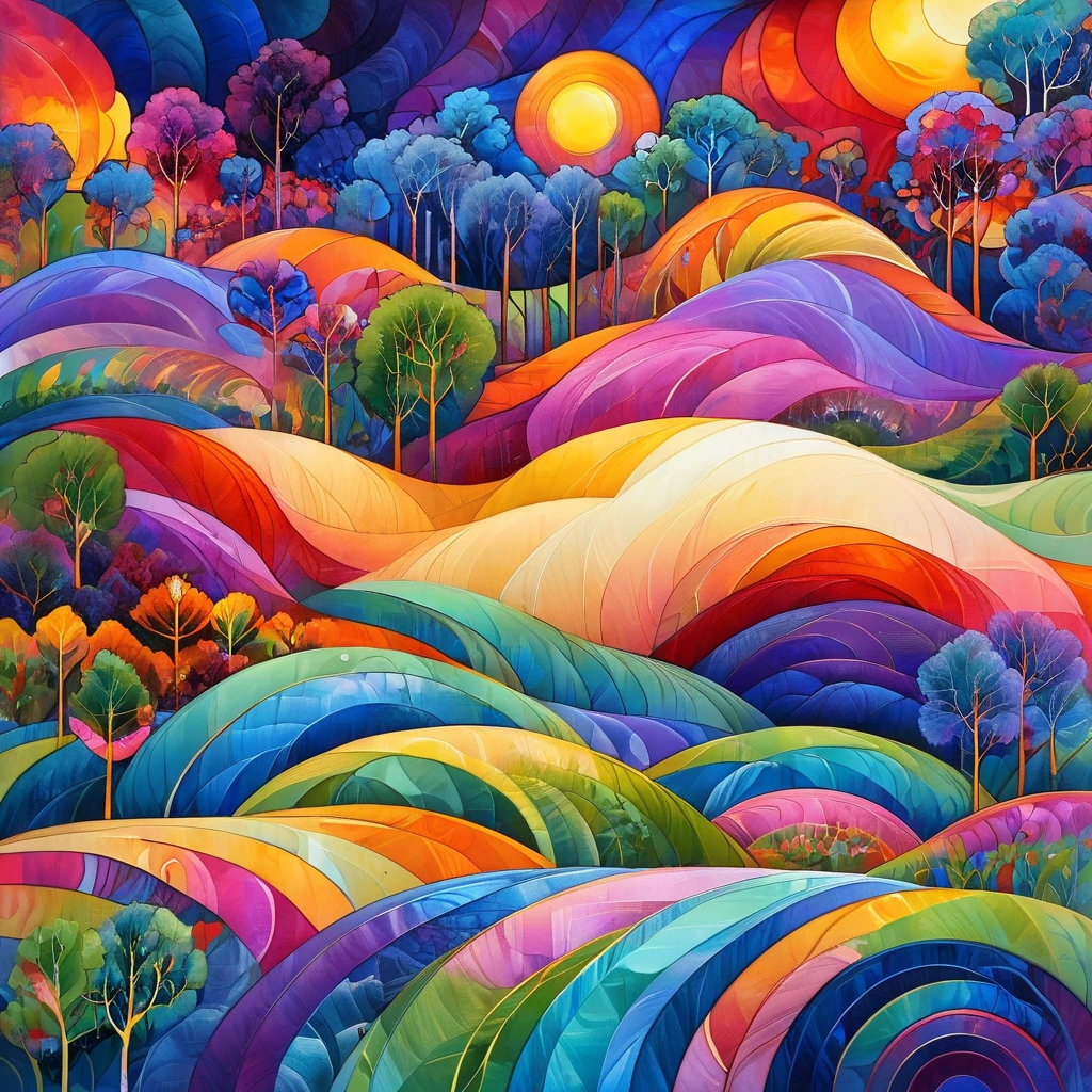 Masterpiece, best composition, dynamic composition, zentangle style, colorful landscape painting, psychedelic landscape, vibrant abstract landscape, river flowing through hilly area, rolling hills, various trees and grasses, colorful design, sun, blue sky and white clouds, vibrant colors.