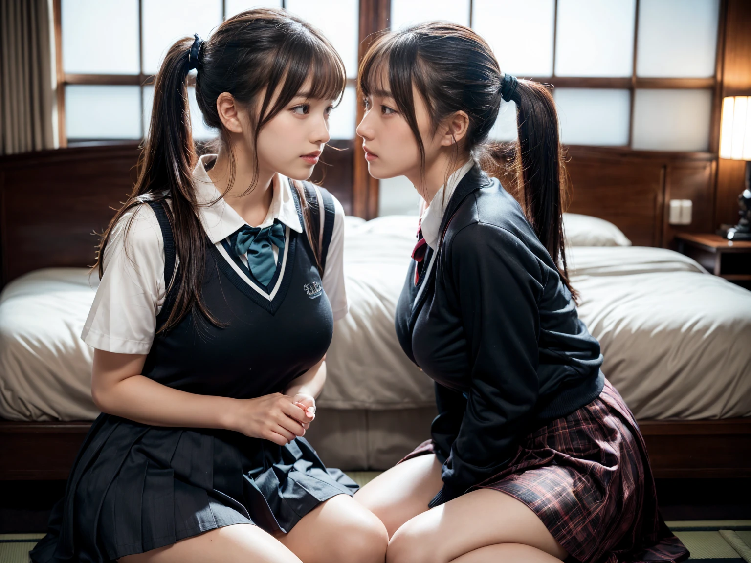 ((masterpiece、Highest quality、Best image quality、8k))、Realistic skin texture、Realistic、High resolution、RAW Photos、(Perfect anatomy of the human body)、(Two people kissing:1.2)、((Beautiful eyes looking at each other))、Small, thin lips that shine even without lipstick; Gorgeous brunette and blonde hair blowing in the wind、They both wear similar high heels .、(White blouse、Crimson ribbon tie、Grey pleated mini skirt)、Japanese Goddess、Dear、Classroom illuminated by the setting sun、Photograph of two people in close contact from the front、