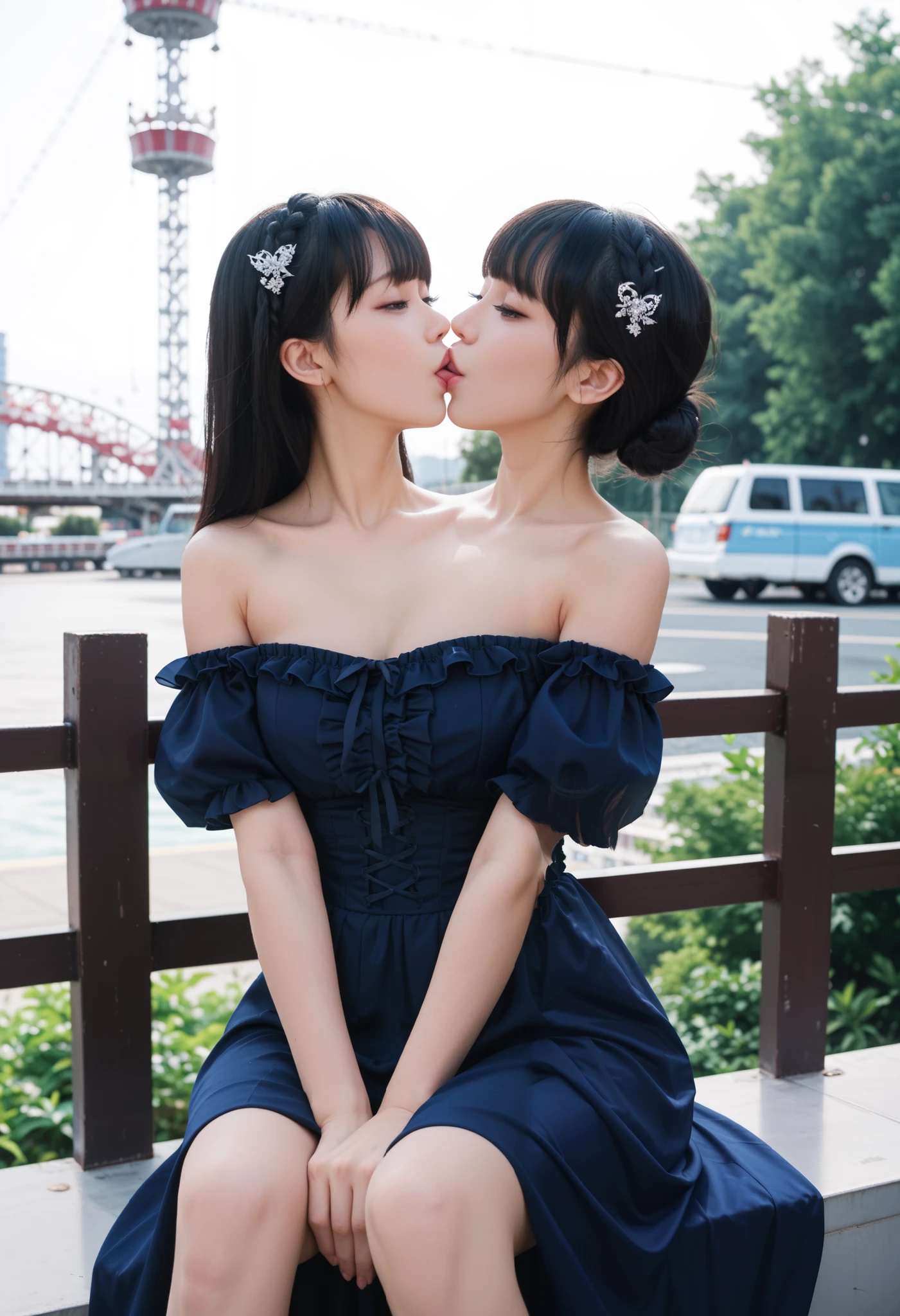 best resolution, 2 heads, woman with two heads, conjoined,tall, black hair curtain bangs with shoulder length hair, trendy hairstyle mm, flirty expression, dark blue dress, frills, off shoulder, sitting in a roller coaster, outdoors, kiss, eyes closed,