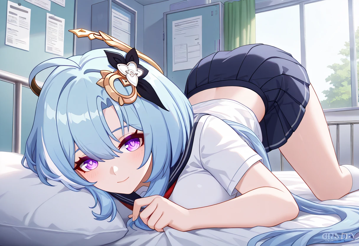 ultra-detailed,(best quality),((masterpiece)),(highres),original,extremely, 1girl, griseo, Cosmic Expression, Gris_Def, honkai impact 3rd,beautiful lady, purple eyes, blue hair, large breasts, blush,closed mouth, happy, multicolored hair, long hair, school uniform , School Infirmary,on the bed, top-down bottom-up,