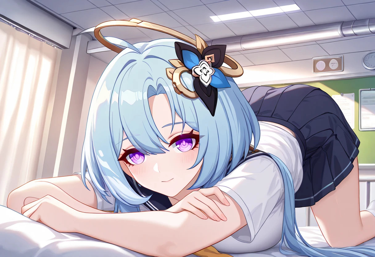 ultra-detailed,(best quality),((masterpiece)),(highres),original,extremely, 1girl, griseo, Cosmic Expression, Gris_Def, honkai impact 3rd,beautiful lady, purple eyes, blue hair, large breasts, blush,closed mouth, happy, multicolored hair, long hair, school uniform , School Infirmary,on the bed, top-down bottom-up,