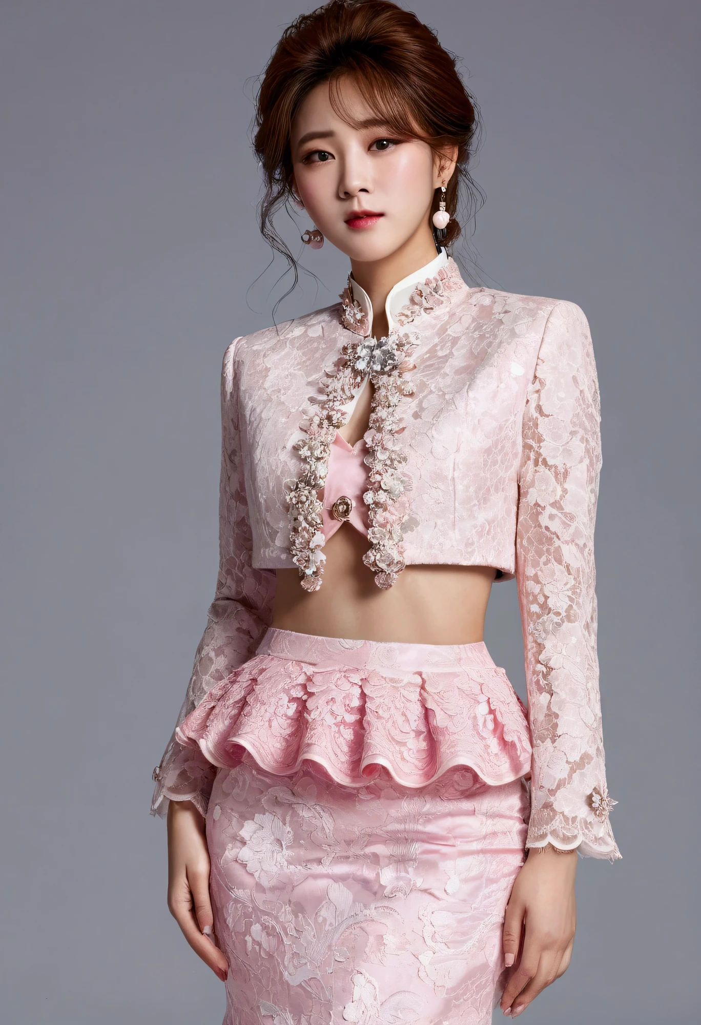 A Korean man is wearing a ladies' skirt suit, a beautiful skirt suit, he is a crossdresser, he has big breasts on his chest like a woman's, his face is very masculine, his hair is masculine short, pink and white, frills and lace. Decoration, lady's dress, two-piece, cropped jacket, small jacket, round neck jacket, China collar jacket, mermaid dress