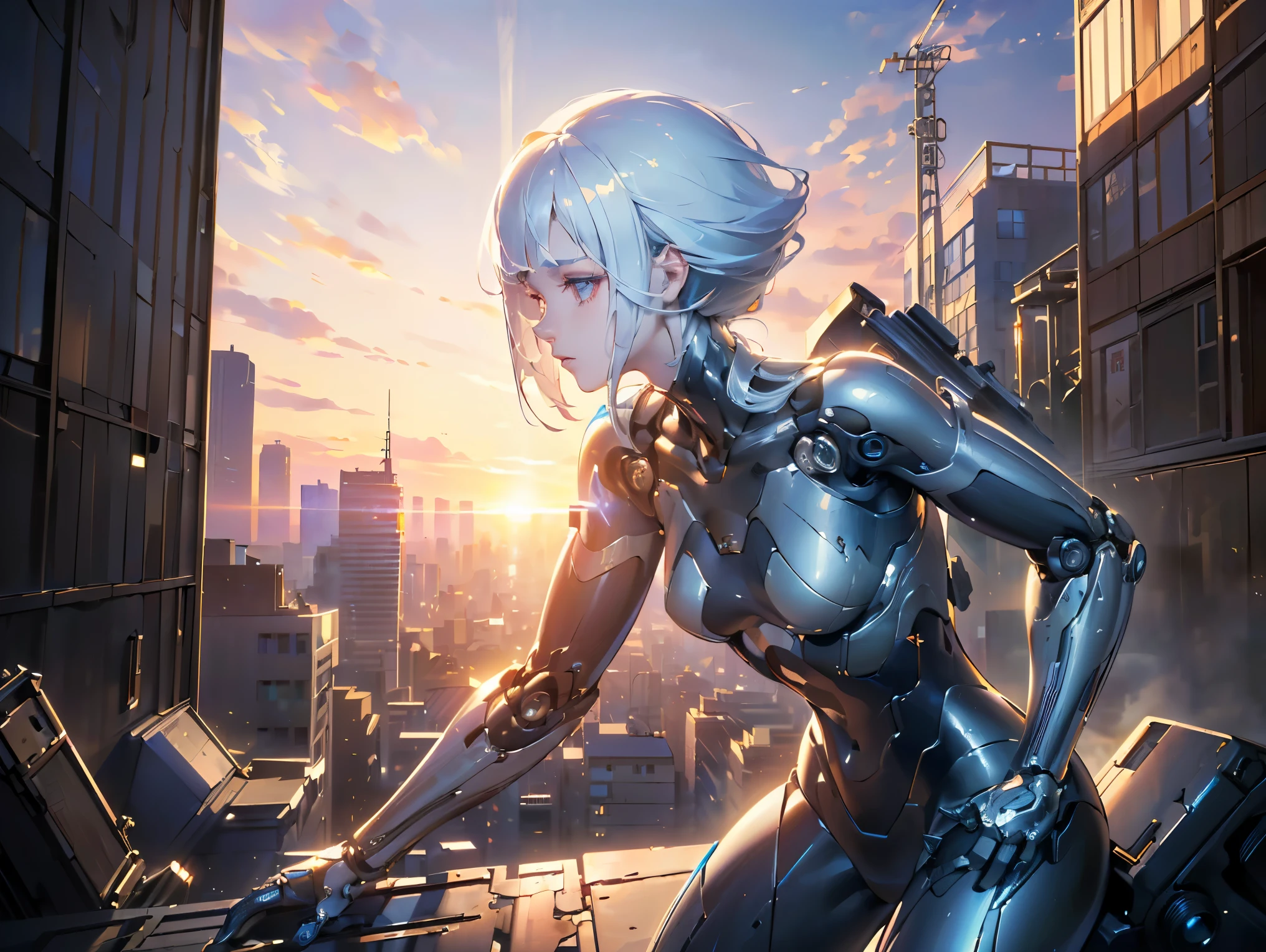 (((Best quality, 8k, Masterpiece: 1.3)), ((best quality)), ((masterpiece)), (detailed), perfect face, perfect body, (detailed skin:1.3), (intricate details), Sci-fi, android, mechanical arms, metallic body, streamlined body, silver hair, glittering even to the tips, Ruined city and buildings, sunset, Cyberspace, a highly functional mechanical body