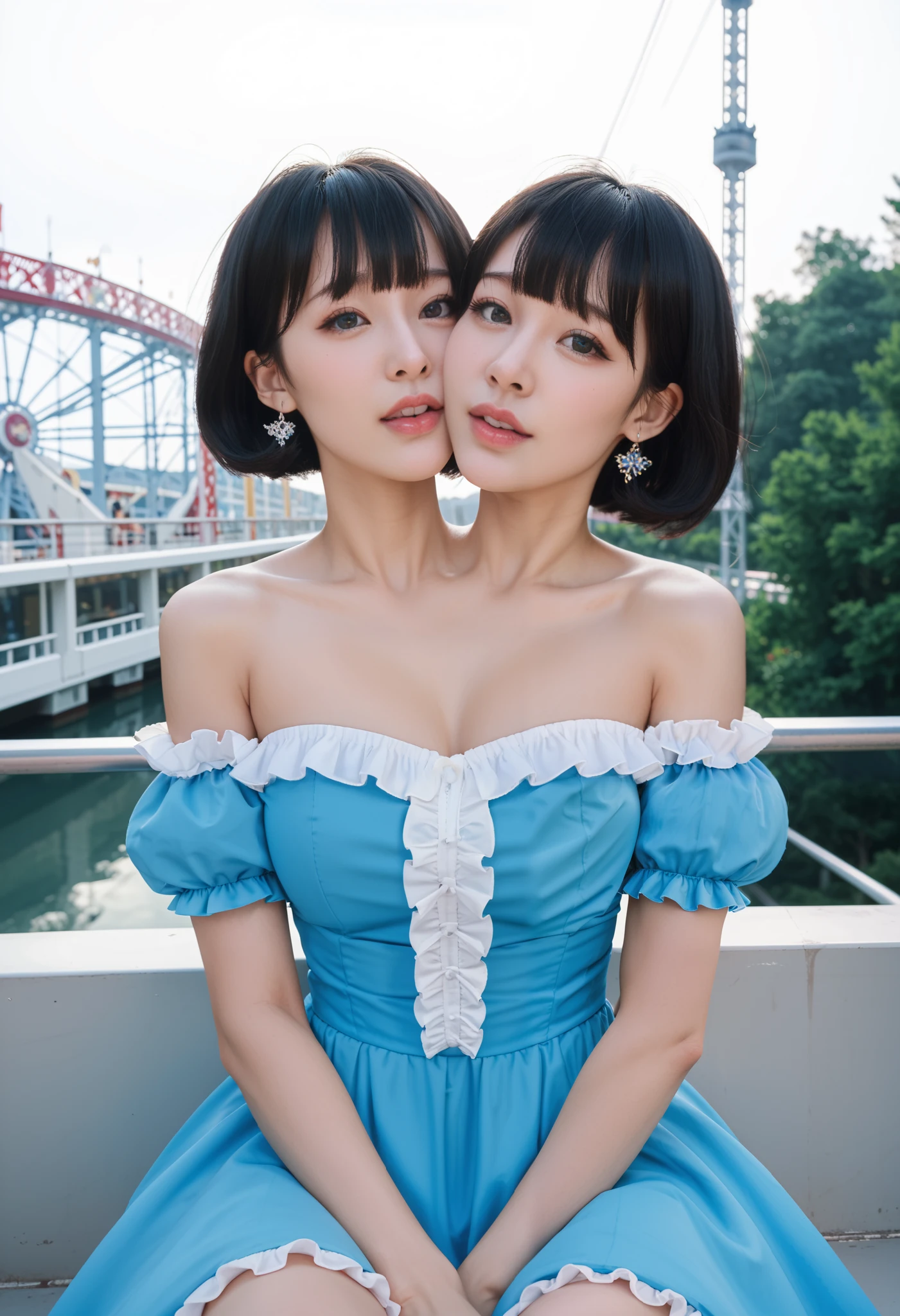 best resolution, 2 heads, (twoheads:1.3), woman with two heads, conjoined,tall, black hair curtain bangs with short hair, trendy hairstyle mm, flirty expression, dark blue dress, frills, off shoulder, sitting in a roller coaster, outdoors