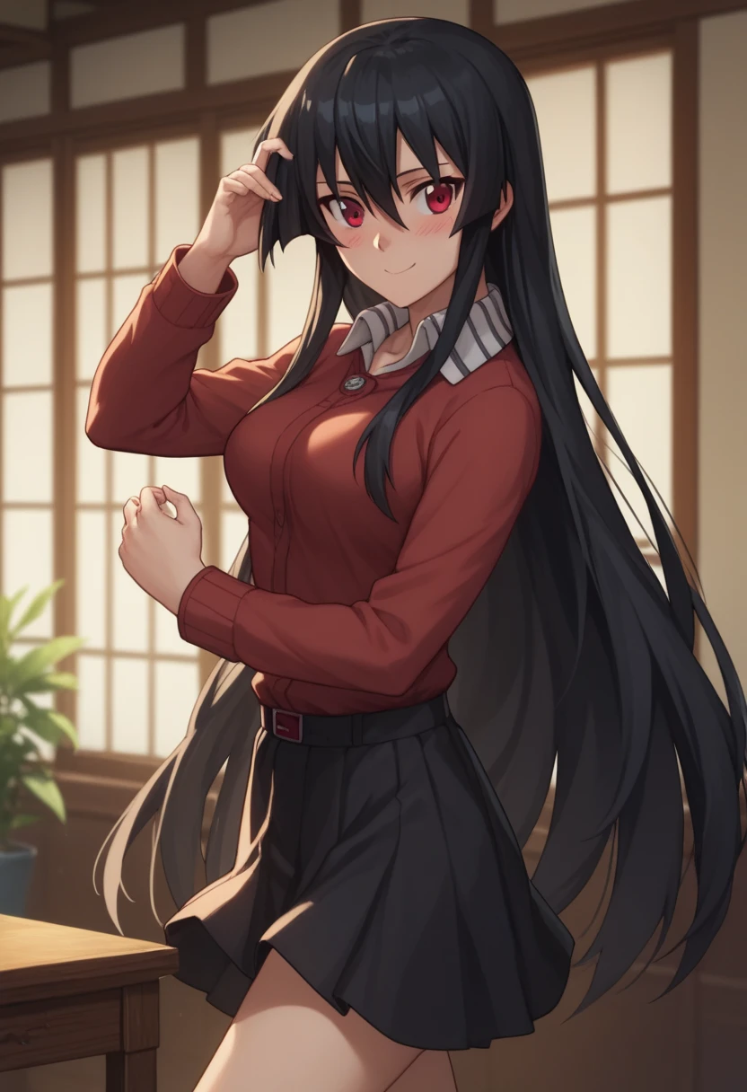 1girl, solo,akame, long hair, black hair, red eyes, hair between eyes,casual clothes, (skirt),Medium breasts,smile, long sleeves,closed clothes, embarrassed,blush,looking at viewer,dynamic pose, perfect hands, perfect anatomy,indoors, simple backround