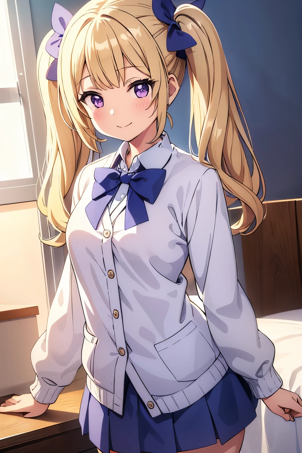   　１４age　 A Cup Breasts　Blonde　 long twin tails 　 twin tails with bow　 gal　 purple eyes　smile　（（One person））　 upper body white long sleeve blouse and light brown cardigan　 navy blue mini skirt that holds the hem　 white light blue horizontal stripe pattern panties　（（ panties）） holding white socks 　Otaku&#39;s Room　 sitting in bed　 sitting holding the knee　（（ panties））　 Dynamic Angle 　 low angle from the front