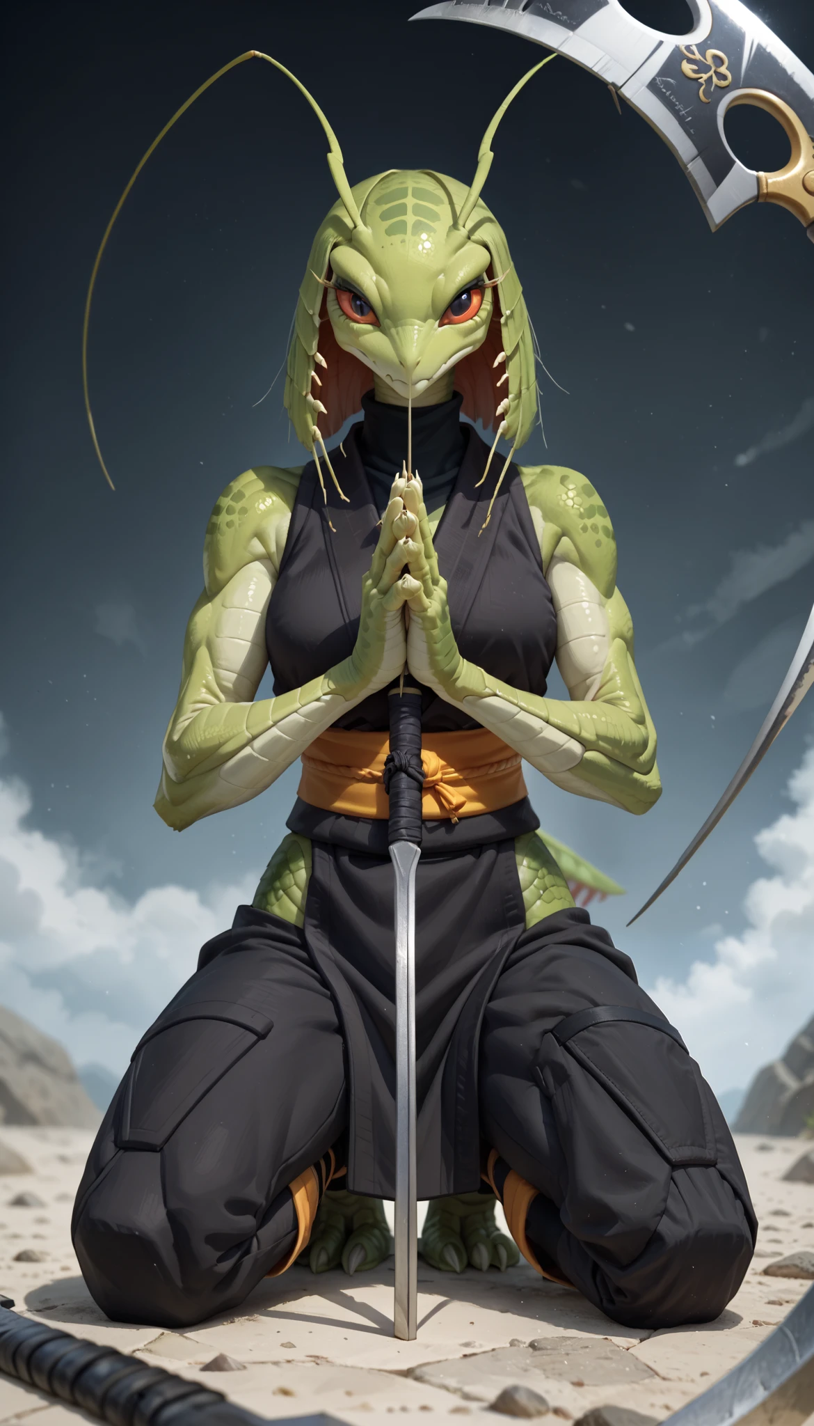 (zPDXL2), (PonyXLV6_Scores), source_anime, Expressiveh, full body shot, asymmetric image, BREAK
Inhata4564, 
female, anthro, praying mantis, anthro praying mantis, ninja, praying mantis elements. Like a ninja. Both hands are weapons. Mantis scythes in both hands, compound eyes,Anime style