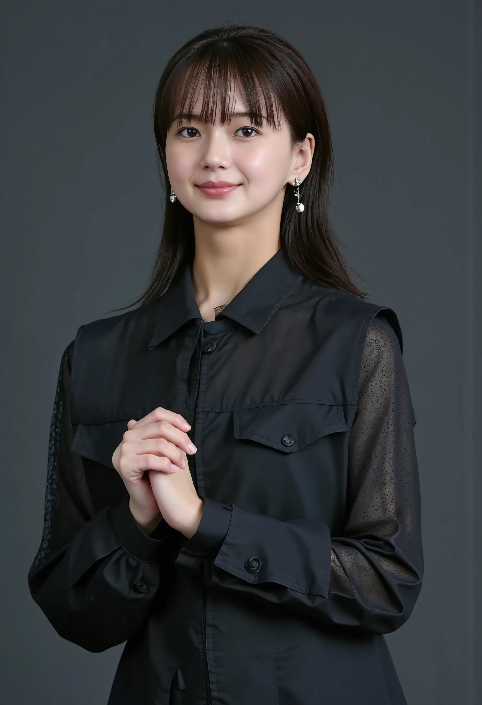 young Japanese woman、 tabe mikako、black hair、 ear piercing、 smile showing teeth 、 beautiful alignment of teeth、 black down jacket、Gray background