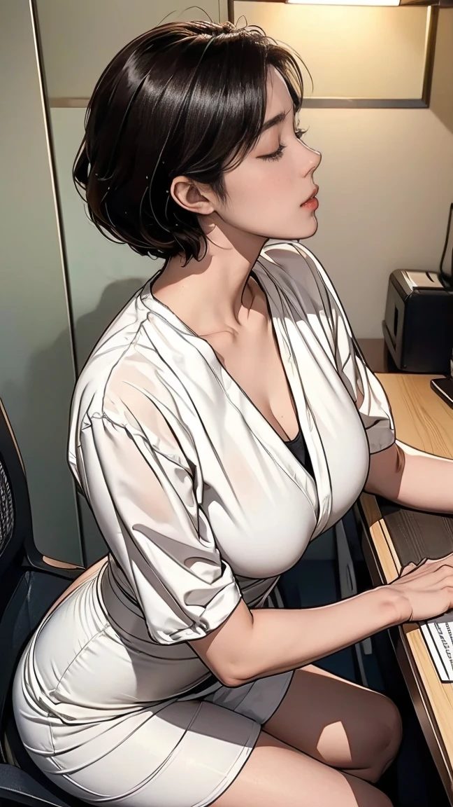 Office,  score_9, score_8_up,  score_7_up,  1 beautiful Japanese woman ,  loose, short hair 、 big breasts、 1 middle-aged man, Intense ((kissu)), ((deep kissu)), ((kissu)),  white blouse , Bare legs,   white tight mini skirt , OL, office boss , close up,  Dutch Angle 