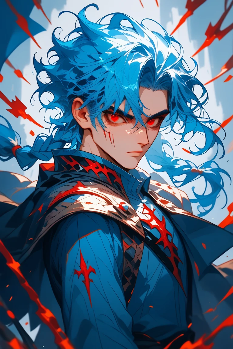  high definition , accurate, 最 High Quality ,  high detail,  High Quality ,  textured skin,  1 boy,Holding a spear, long hair, Blue Hair/ light blue hair,  shiny hair,  split bangs ,  hair fluttering in the wind,  Side Braids , Spiky Hair,  red eyes,  take a close look, Character portrait, Frame, anime, anime風, 