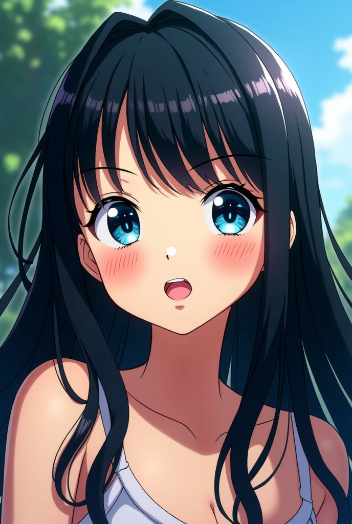 White girl with black hair with bangs blue eyes with blush and with pink lips animation style anime one piece toei animation