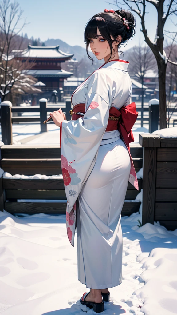 Full body shot, looking back over shoulder, Solo, seductive female, (detailed, beautiful black hair, bangs, folded updo), fair skin, detailed depictions of skin, cute smile, blush , black eyes, beautiful eyes, perfect proportion, tall, seductive figure, (wearing in kimono with intricate beautiful designs, beautiful coloring), walking at Old Japanese village, winter season, beautiful snow,outdoor , trees with snow, Japanese castle, (masterpiece:1.3, best quality:1.3), 8k,incredibly absurdres , intricate detailed, extremely detailed, Raw photo, detailed background, depth of field, sharp focus, film grain, tilt camera, perspective, looking at viewer,