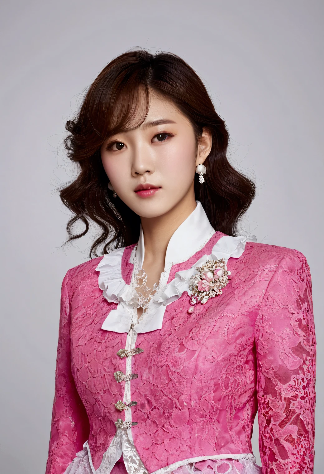 A Korean man is wearing a ladies' skirt suit, a beautiful skirt suit, he is a crossdresser, he has big breasts on his chest like a woman's, his face is very masculine, his hair is masculine short, pink and white, frills and lace. Decoration, lady's dress, two-piece, cropped jacket, small jacket, round neck jacket, China collar jacket, mermaid dress