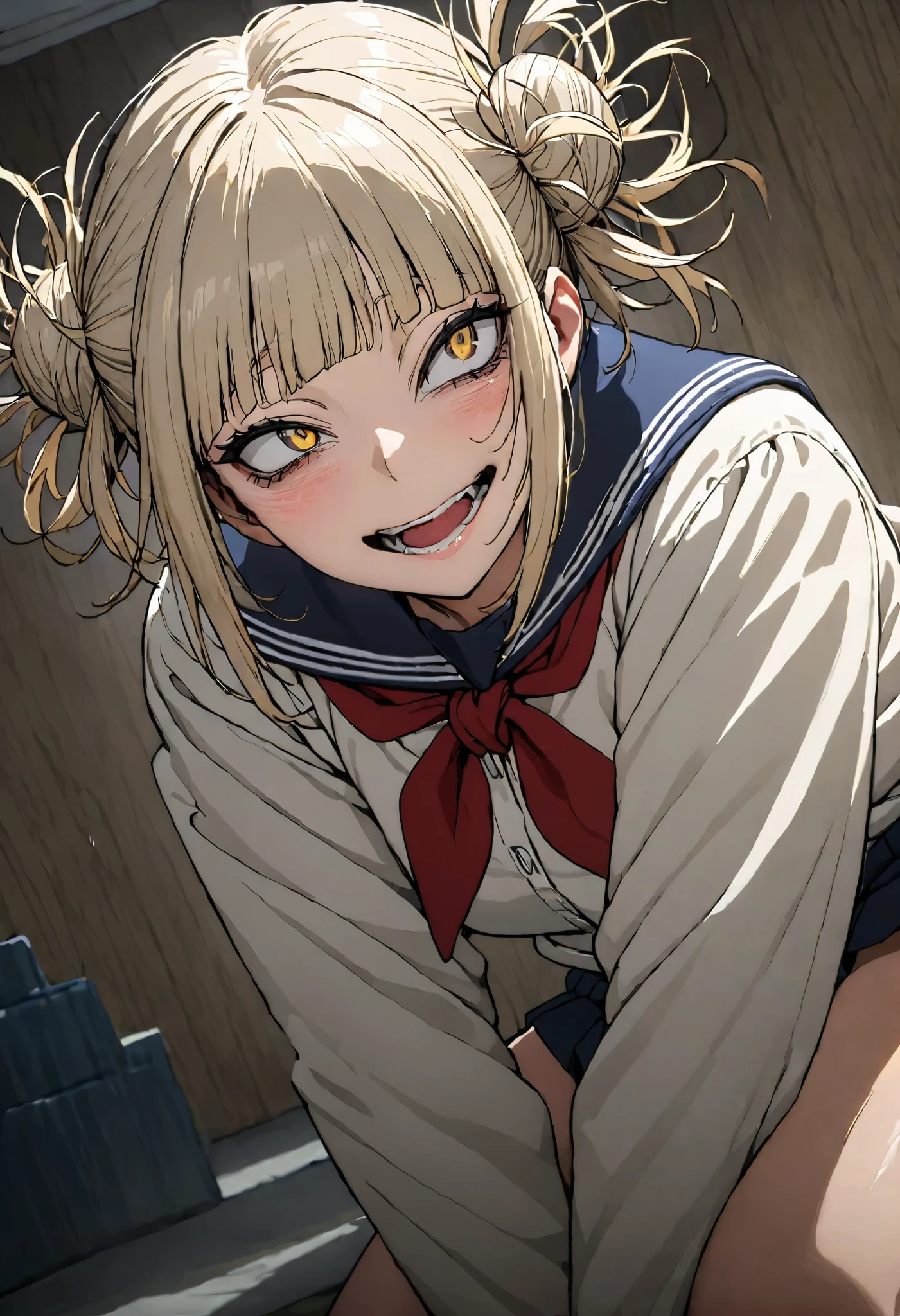 toga himiko, Double Bang ,  Yellow Eyes ,  blonde hair ,  wide open mouth, ,  school uniform, tooth, smile, ,  school uniform, tooth, smile,  sailor suit, Blue sailor collar, ((full body)),  Red Neckerchief , teeth,Masseter muscle area,  top quality,32K、 wallpaper,  super detailed, Absurd beauty,  1 girl 、Thin legs、Make the head smaller、いたずらっぽいsmile、 the angle of looking up from below :1.5、♡♡♡、( Moving Pose )、 thighs thighs thighs 、 medium short hair 、  is leaking sex by morning