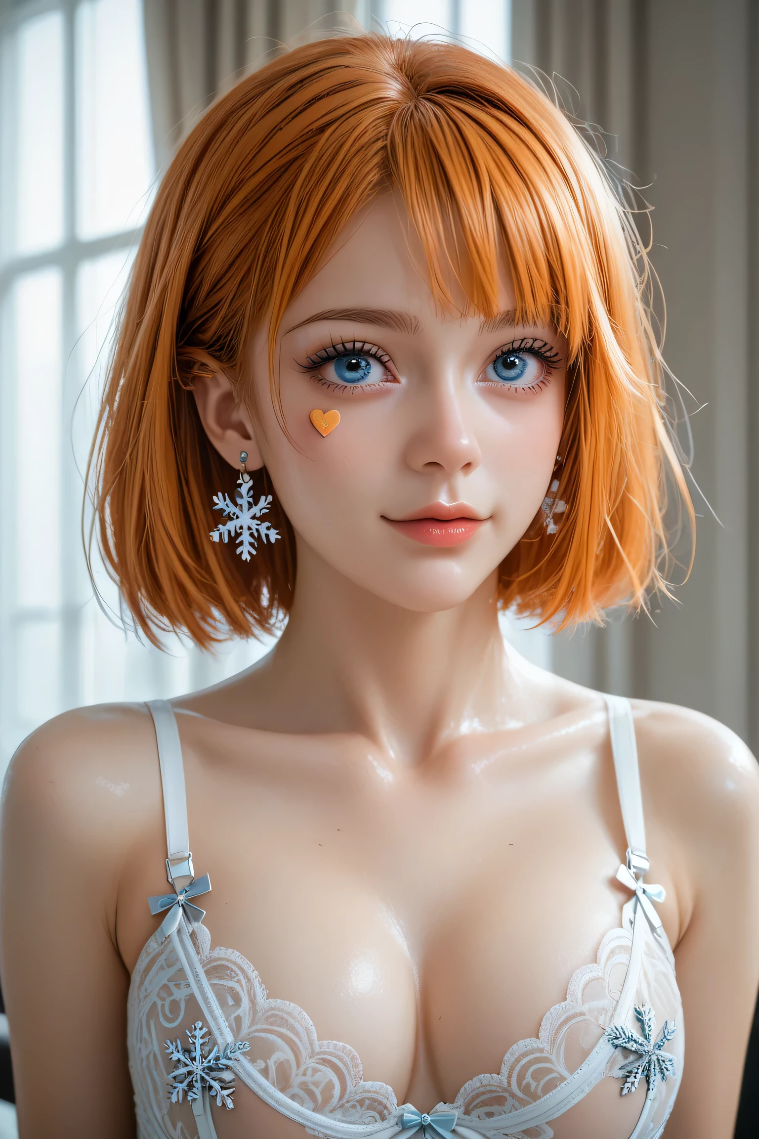 (masterpiece,  best quality ), 1 girl,nabara ,2d, beautiful face,( short orange hair ),( orange hair )( orange hair  de hongo ),( blue eyes ),pesones with cold , HIGH QUALITY,ultra detailed , Big Tits,  self-adhesive nipple stickers snowflake lingerie..